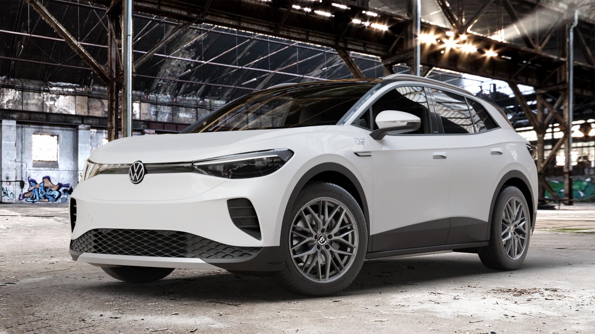 Damina Performance DM08 Anthrazit Felge mit Reifen grau in 19Zoll Winterfelge Alufelge auf weissem Volkswagen (VW) ID.4 0,0l 70kW PRO (150kW) (95 PS) Pure (109kW) (125kW) (128kW) 77kW 4Motion (195kW) (105 ⬇️ mit 15mm Tieferlegung ⬇️ Old Industrial Hall_max_4400mm_2024 Frontansicht_1