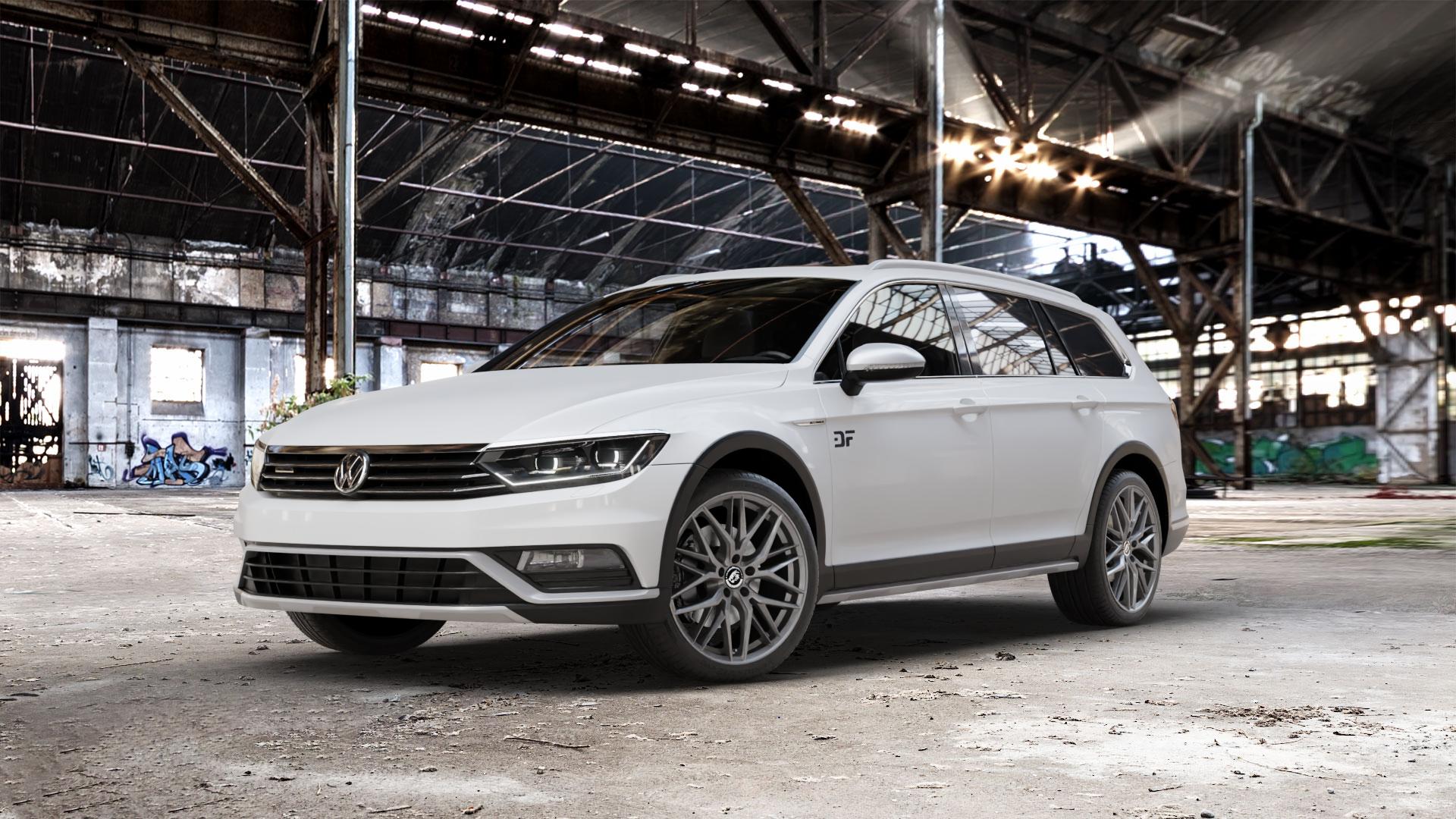 Damina Performance DM08 Anthrazit Felge mit Reifen grau in 19Zoll Winterfelge Alufelge auf weissem Volkswagen (VW) Passat 3C/B8 Alltrack ⬇️ mit 15mm Tieferlegung ⬇️ Old Industrial Hall_max_5300mm_2024 Frontansicht_1