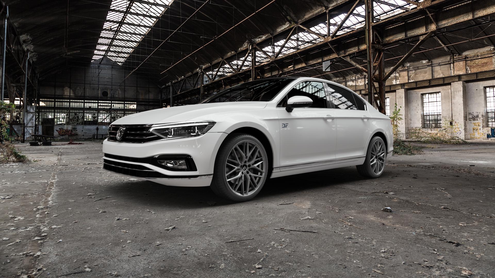 Damina Performance DM08 Anthrazit Felge mit Reifen grau in 19Zoll Winterfelge Alufelge auf weissem Volkswagen (VW) Passat 3C/B8 Limousine Facelift ⬇️ mit 15mm Tieferlegung ⬇️ Old Industrial Hall_max5000mm_2022 Frontansicht_1