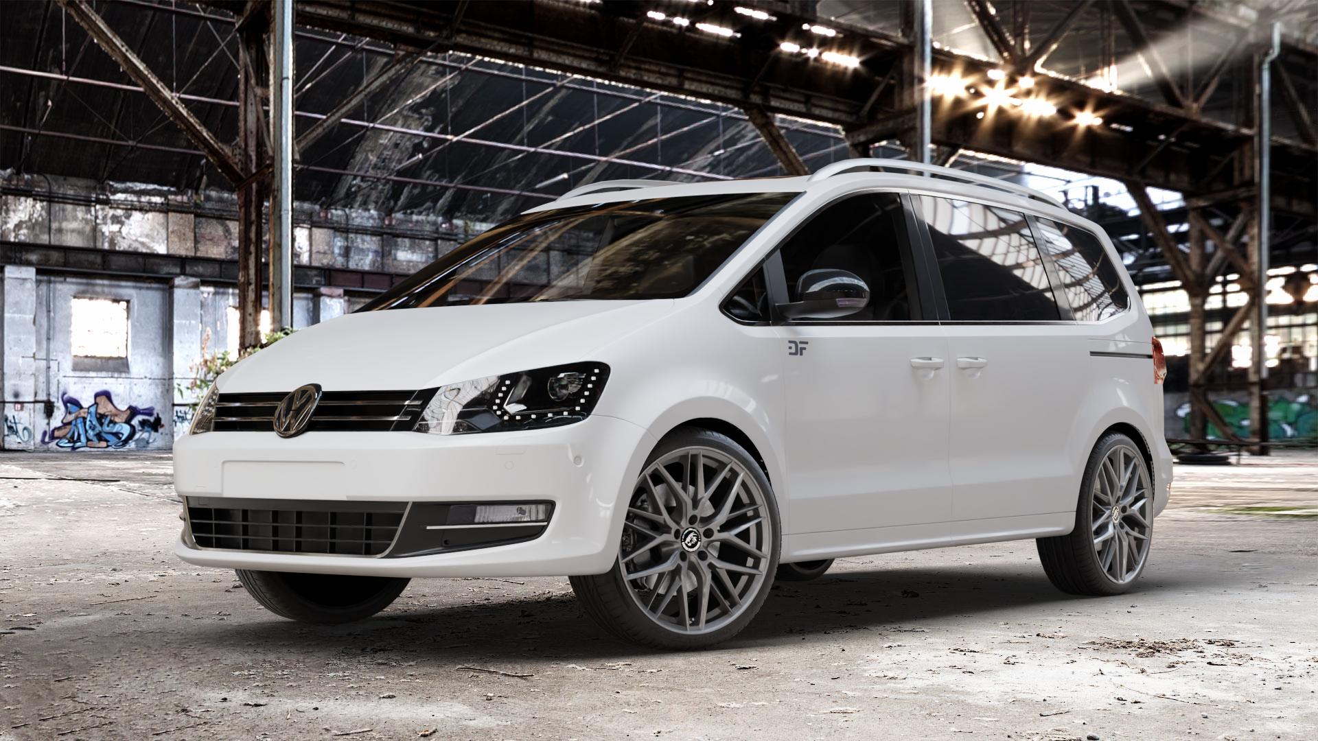 Damina Performance DM08 Anthrazit Felge mit Reifen grau in 19Zoll Winterfelge Alufelge auf weissem Volkswagen (VW) Sharan III Typ 7N (15->) ⬇️ mit 15mm Tieferlegung ⬇️ Old Industrial Hall_max_4400mm_2024 Frontansicht_1