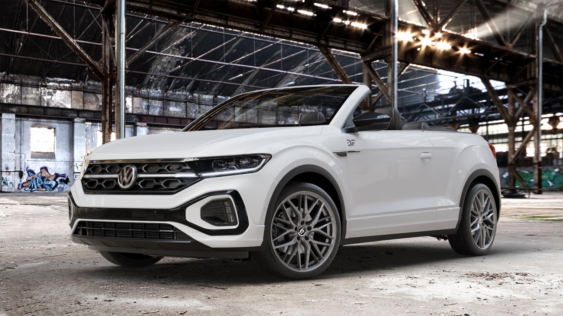Damina Performance DM08 Anthrazit Felge mit Reifen grau in 19Zoll Winterfelge Alufelge auf weissem Volkswagen (VW) T-Roc Cabrio Facelift ⬇️ mit 15mm Tieferlegung ⬇️ Old Industrial Hall_max_4400mm_2024 Frontansicht_1