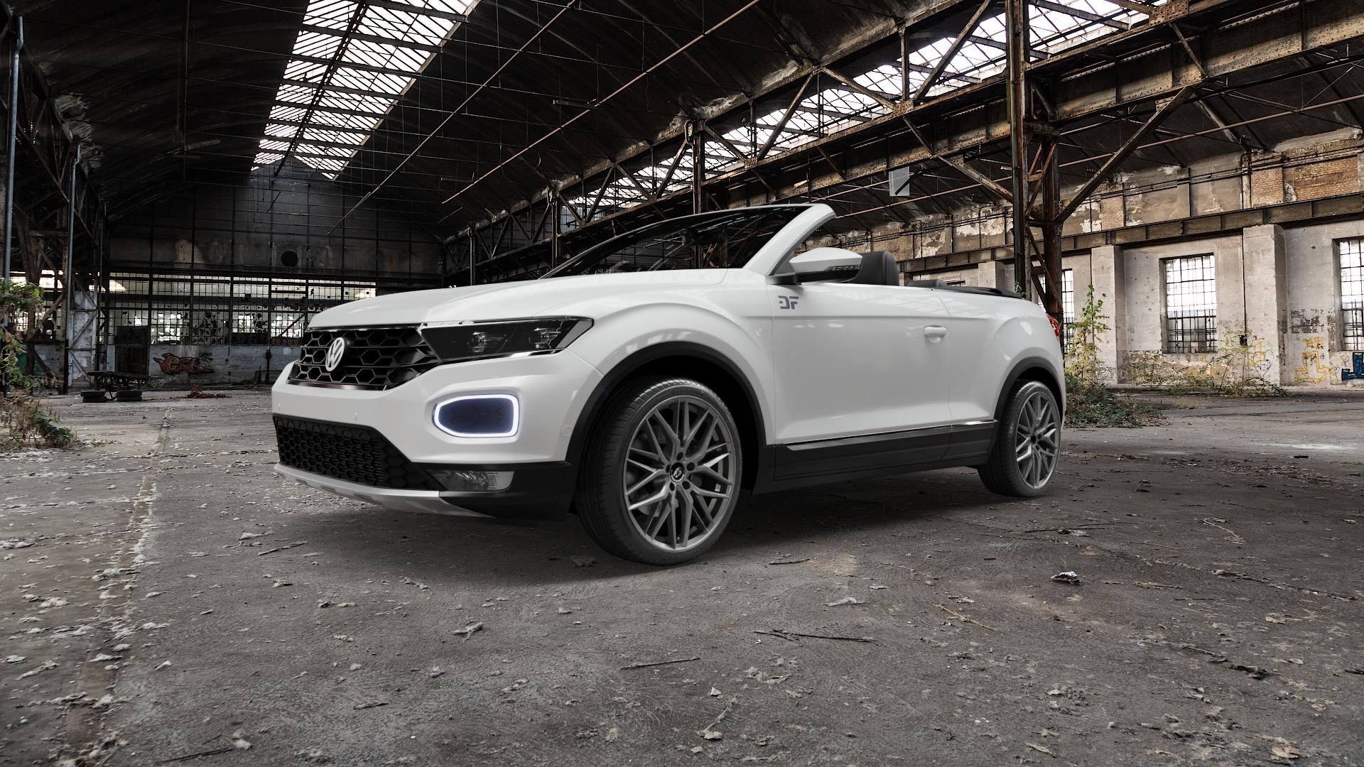 Damina Performance DM08 Anthrazit Felge mit Reifen grau in 19Zoll Winterfelge Alufelge auf weissem Volkswagen (VW) T-Roc Cabrio ⬇️ mit 15mm Tieferlegung ⬇️ Old Industrial Hall_max5000mm_2022 Frontansicht_1