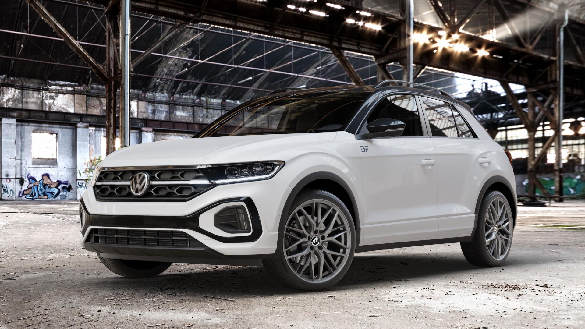 Damina Performance DM08 Anthrazit Felge mit Reifen grau in 19Zoll Winterfelge Alufelge auf weissem Volkswagen (VW) T-Roc Facelift ⬇️ mit 15mm Tieferlegung ⬇️ Old Industrial Hall_max_4400mm_2024 Frontansicht_1