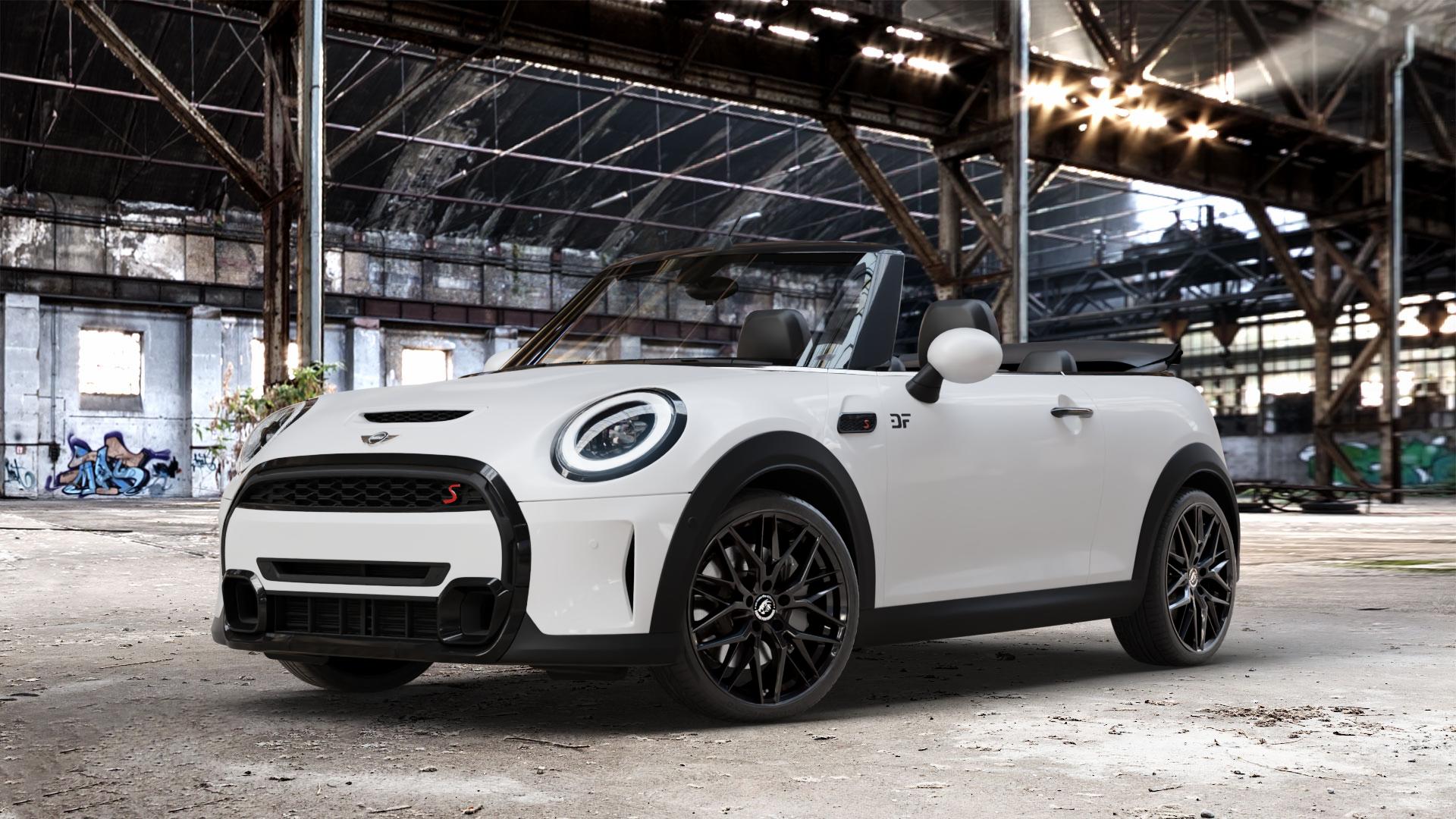 Damina Performance DM08 Black Painted Felge mit Reifen schwarz in 18Zoll Winterfelge Alufelge auf weissem Mini F57 Typ FMCA (Cabriolet) Facelift 21-> ⬇️ mit 15mm Tieferlegung ⬇️ Old Industrial Hall_max_4400mm_2024 Frontansicht_1