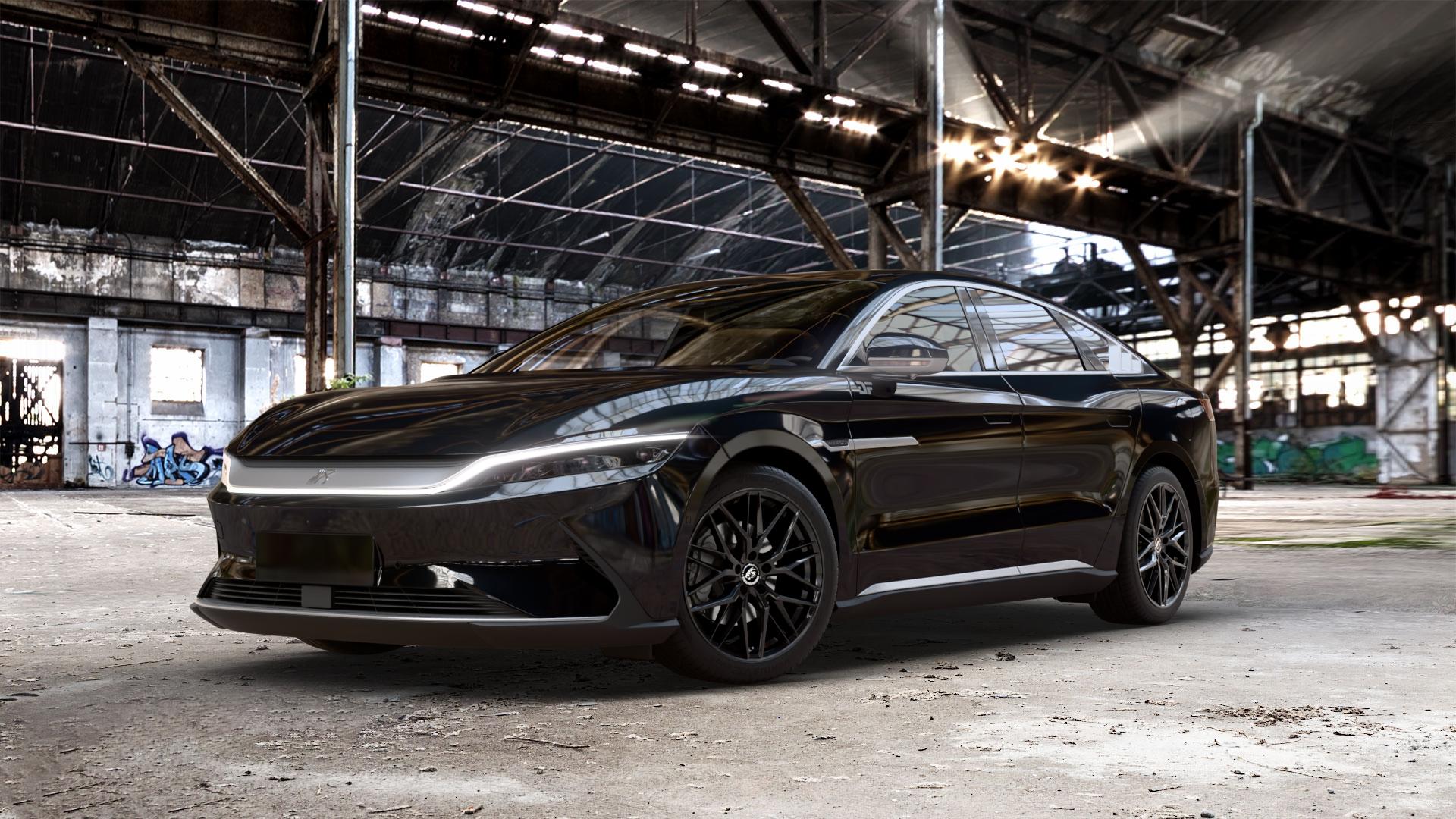Damina Performance DM08 Black Painted Felge mit Reifen schwarz in 19Zoll Winterfelge Alufelge auf metallic schwarzem BYD Han Typ HC ⬇️ mit 15mm Tieferlegung ⬇️ Old Industrial Hall_max_5300mm_2024 Frontansicht_1