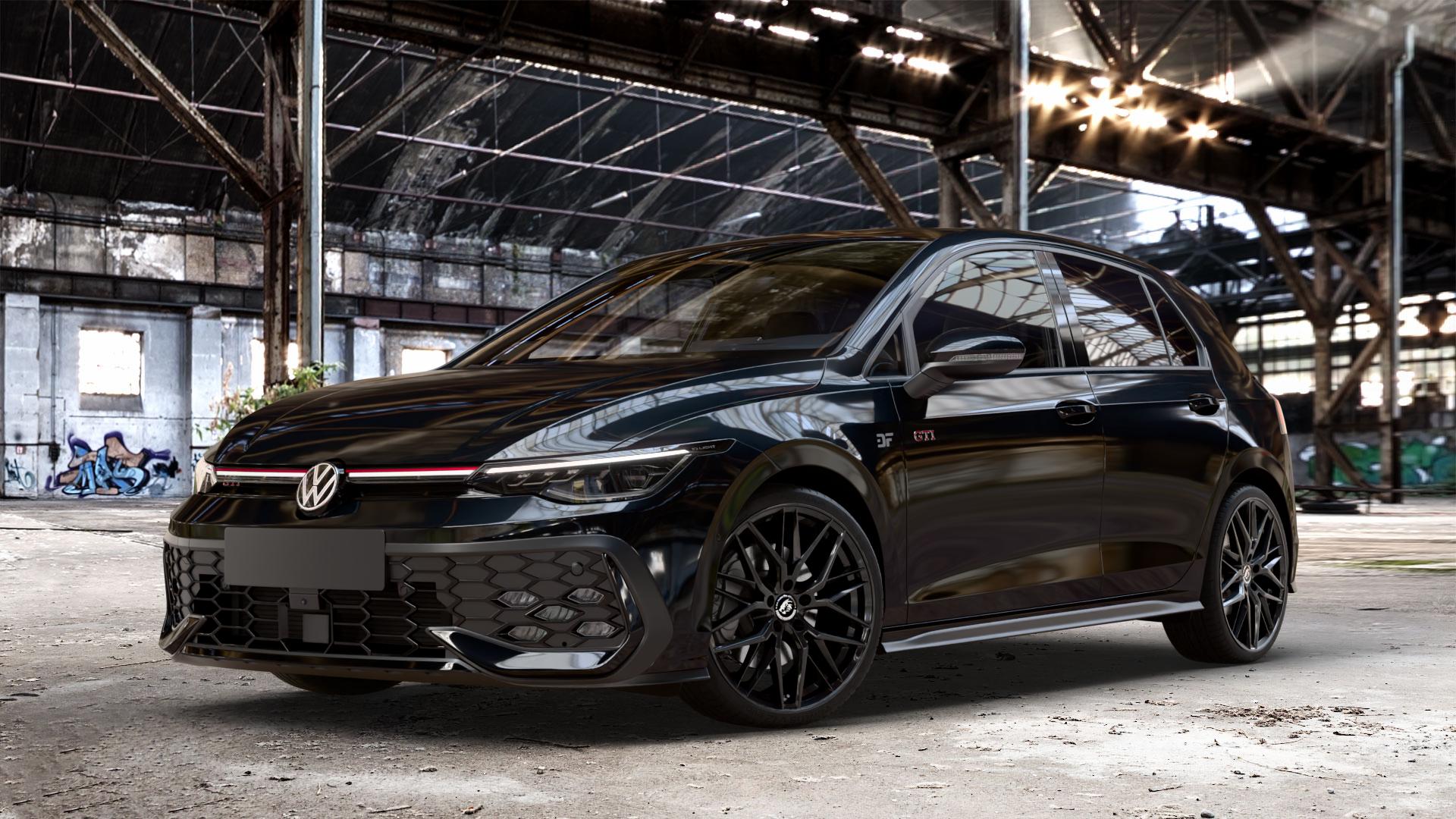 Damina Performance DM08 Black Painted Felge mit Reifen schwarz in 19Zoll Winterfelge Alufelge auf metallic schwarzem Volkswagen (VW) Golf 8 Facelift 2,0l GTI 195kW (265 PS) ⬇️ mit 15mm Tieferlegung ⬇️ Old Industrial Hall_max_4400mm_2024 Frontansicht_1