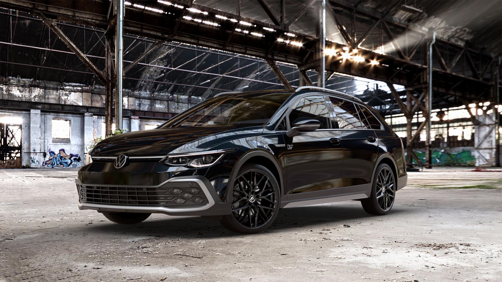 Damina Performance DM08 Black Painted Felge mit Reifen schwarz in 19Zoll Winterfelge Alufelge auf metallic schwarzem Volkswagen (VW) Golf 8 Variant Alltrack 2,0l TDI 4Motion 147kW (200 PS) ⬇️ mit 15mm Tieferlegung ⬇️ Old Industrial Hall_max_5300mm_2024 Frontansicht_1