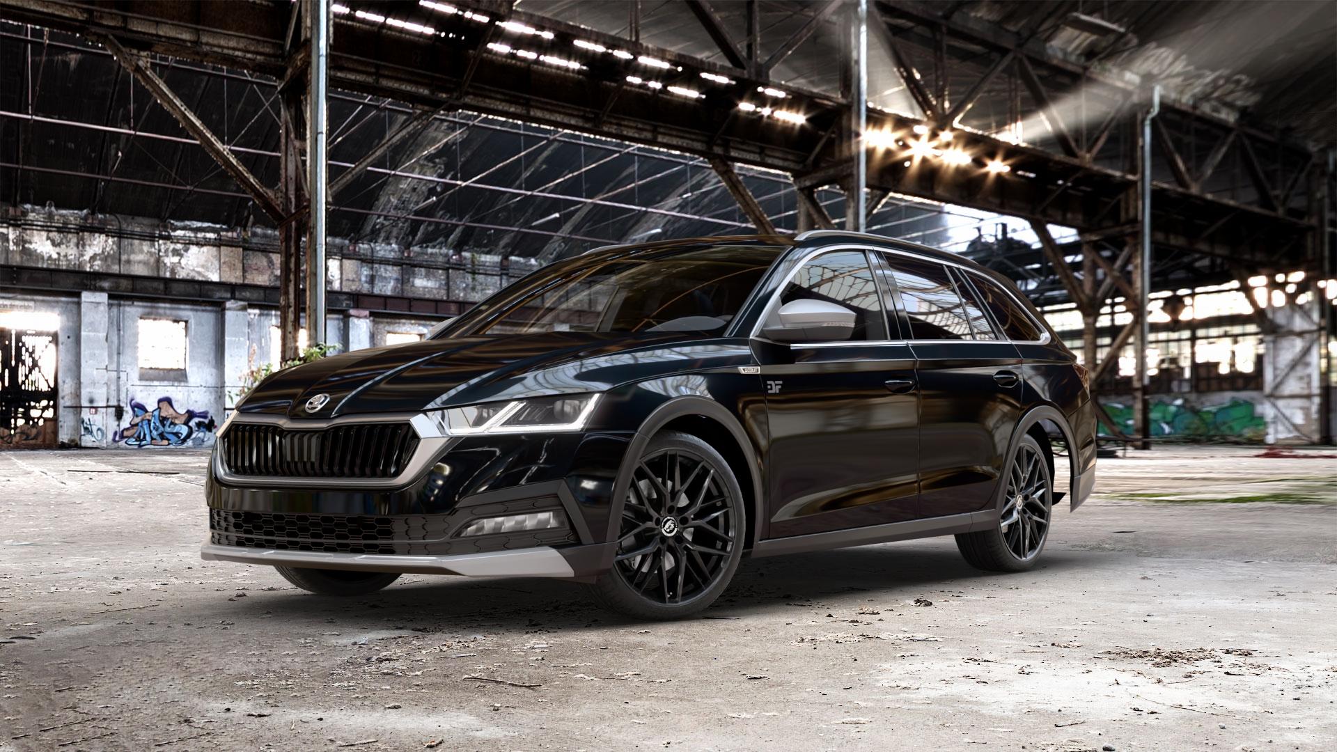 Damina Performance DM08 Black Painted Felge mit Reifen schwarz in 19Zoll Winterfelge Alufelge auf schwarzem metallic Skoda Octavia IV Scout Typ NX ⬇️ mit 15mm Tieferlegung ⬇️ Old Industrial Hall_max_5300mm_2024 Frontansicht_1