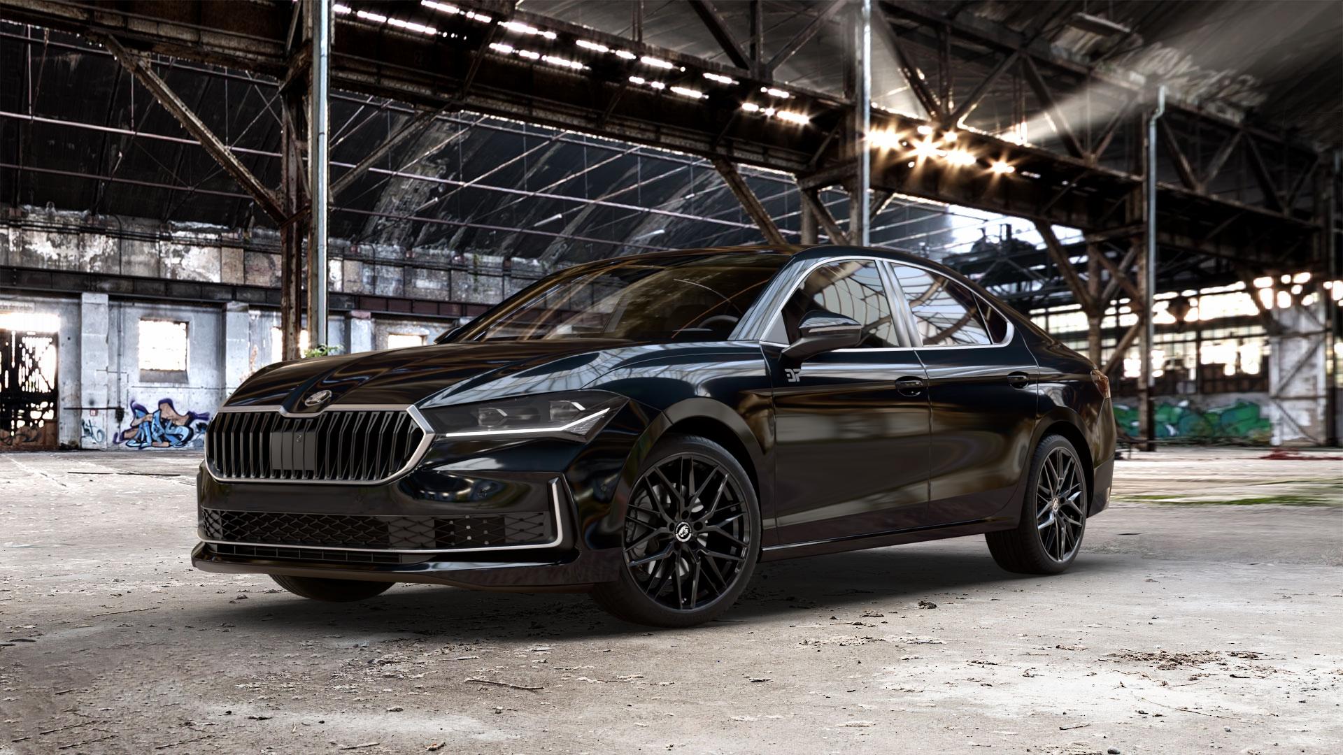 Damina Performance DM08 Black Painted Felge mit Reifen schwarz in 19Zoll Winterfelge Alufelge auf schwarzem metallic Skoda Superb IV Typ NZ ⬇️ mit 15mm Tieferlegung ⬇️ Old Industrial Hall_max_5300mm_2024 Frontansicht_1