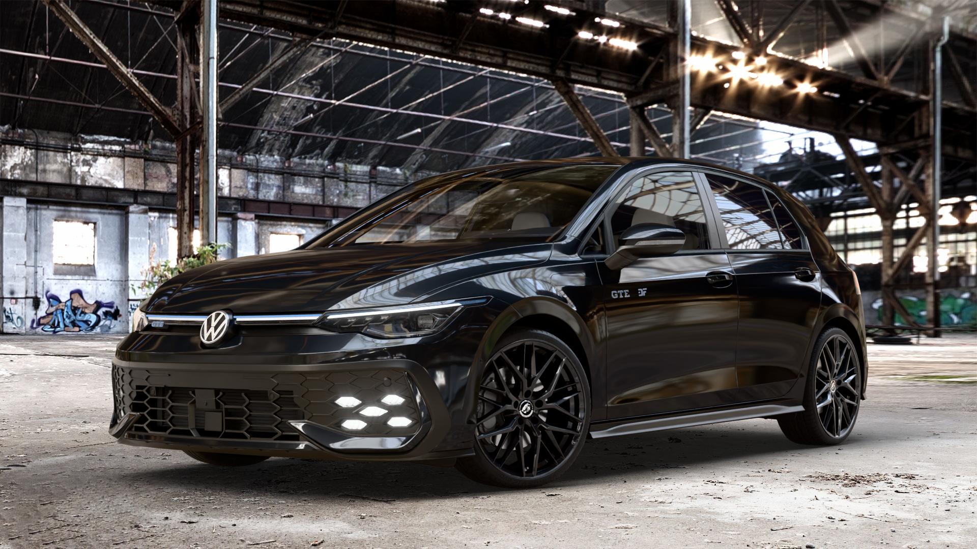 Damina Performance DM08 Black Painted Felge mit Reifen schwarz in 19Zoll Winterfelge Alufelge auf schwarzem Volkswagen (VW) Golf 8 Facelift 1,5l TSI GTE 130kW Hybrid (177 PS) ⬇️ mit 15mm Tieferlegung ⬇️ Old Industrial Hall_max_4400mm_2024 Frontansicht_1