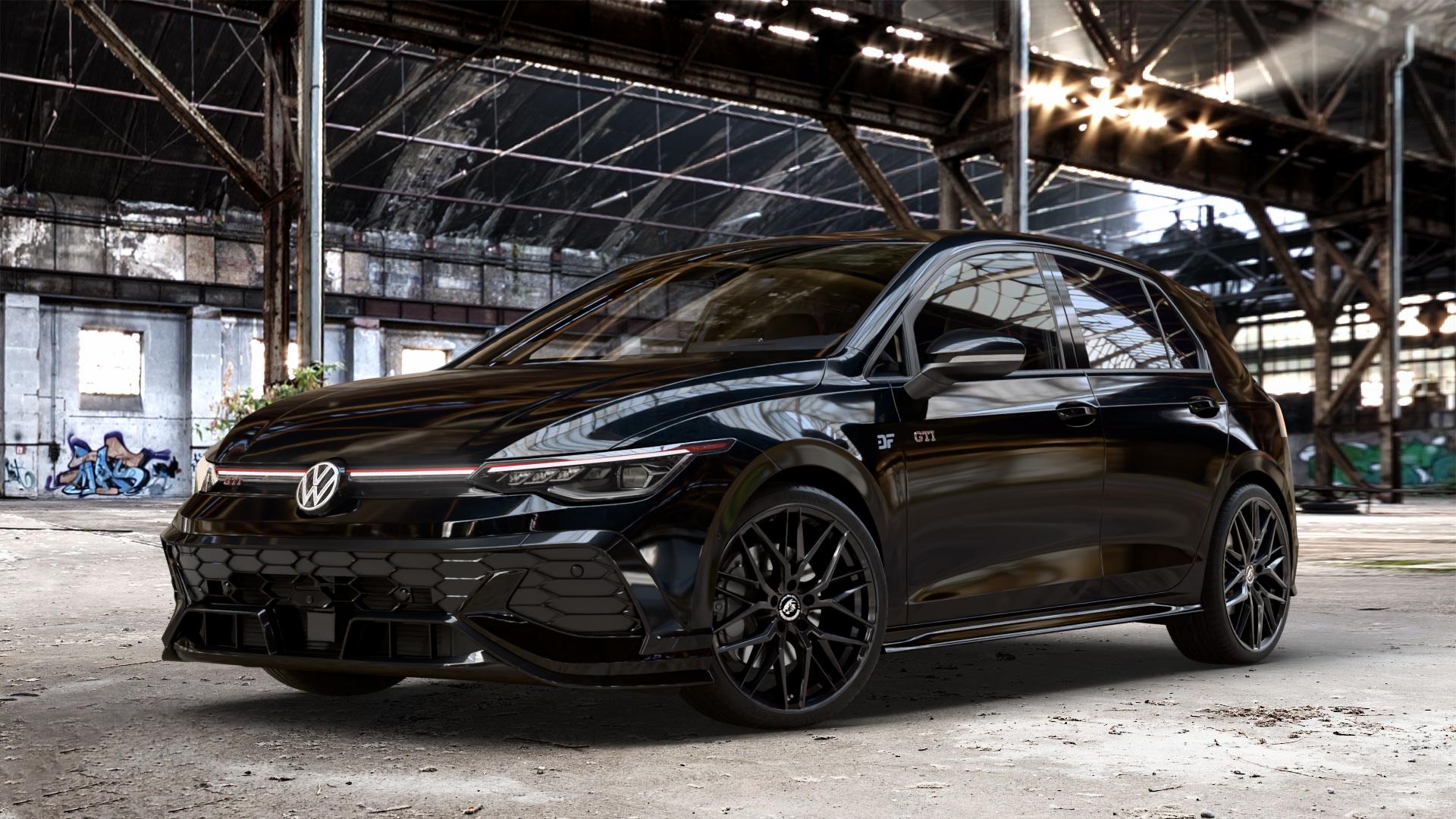 Damina Performance DM08 Black Painted Felge mit Reifen schwarz in 19Zoll Winterfelge Alufelge auf schwarzem Volkswagen (VW) Golf 8 Facelift 2,0l GTI Clubsport 221kW (300 PS) ⬇️ mit 15mm Tieferlegung ⬇️ Old Industrial Hall_max_4400mm_2024 Frontansicht_1