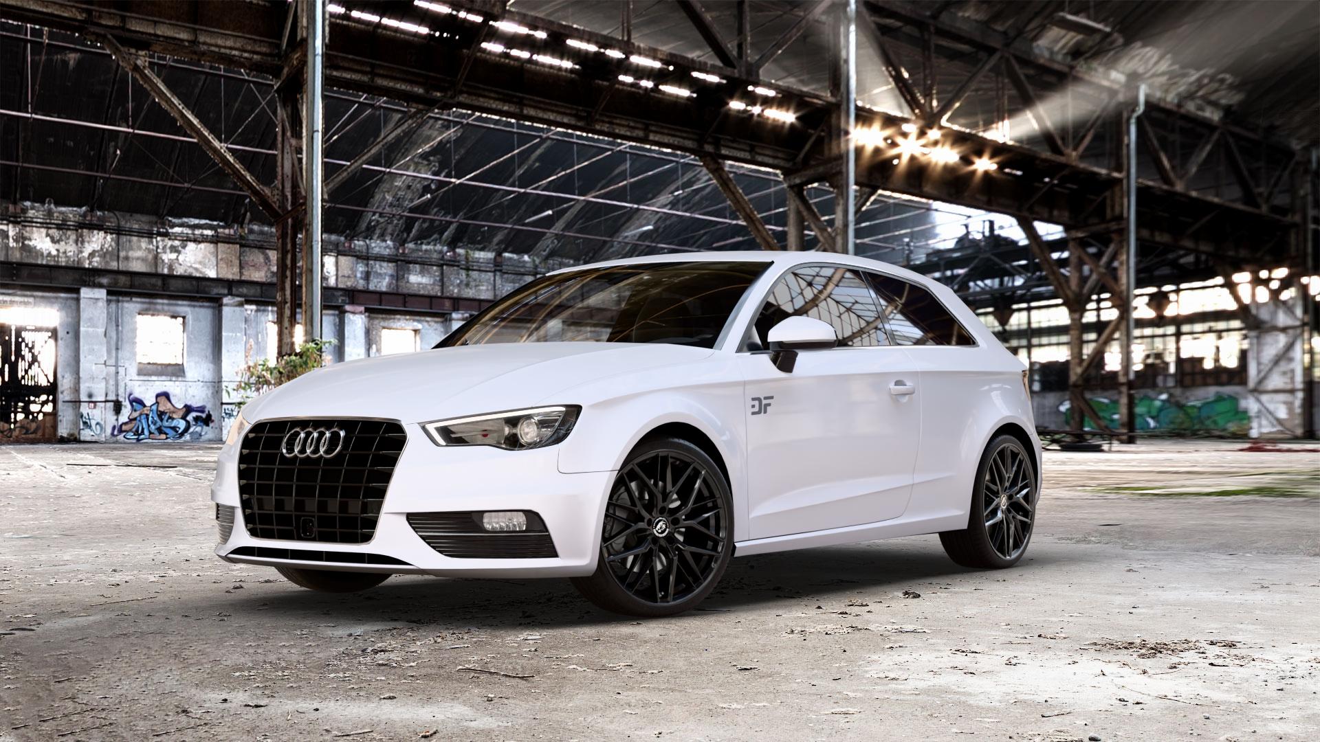 Damina Performance DM08 Black Painted Felge mit Reifen schwarz in 19Zoll Winterfelge Alufelge auf weissem Audi A3 Typ 8V ⬇️ mit 15mm Tieferlegung ⬇️ Old Industrial Hall_max_5300mm_2024 Frontansicht_1