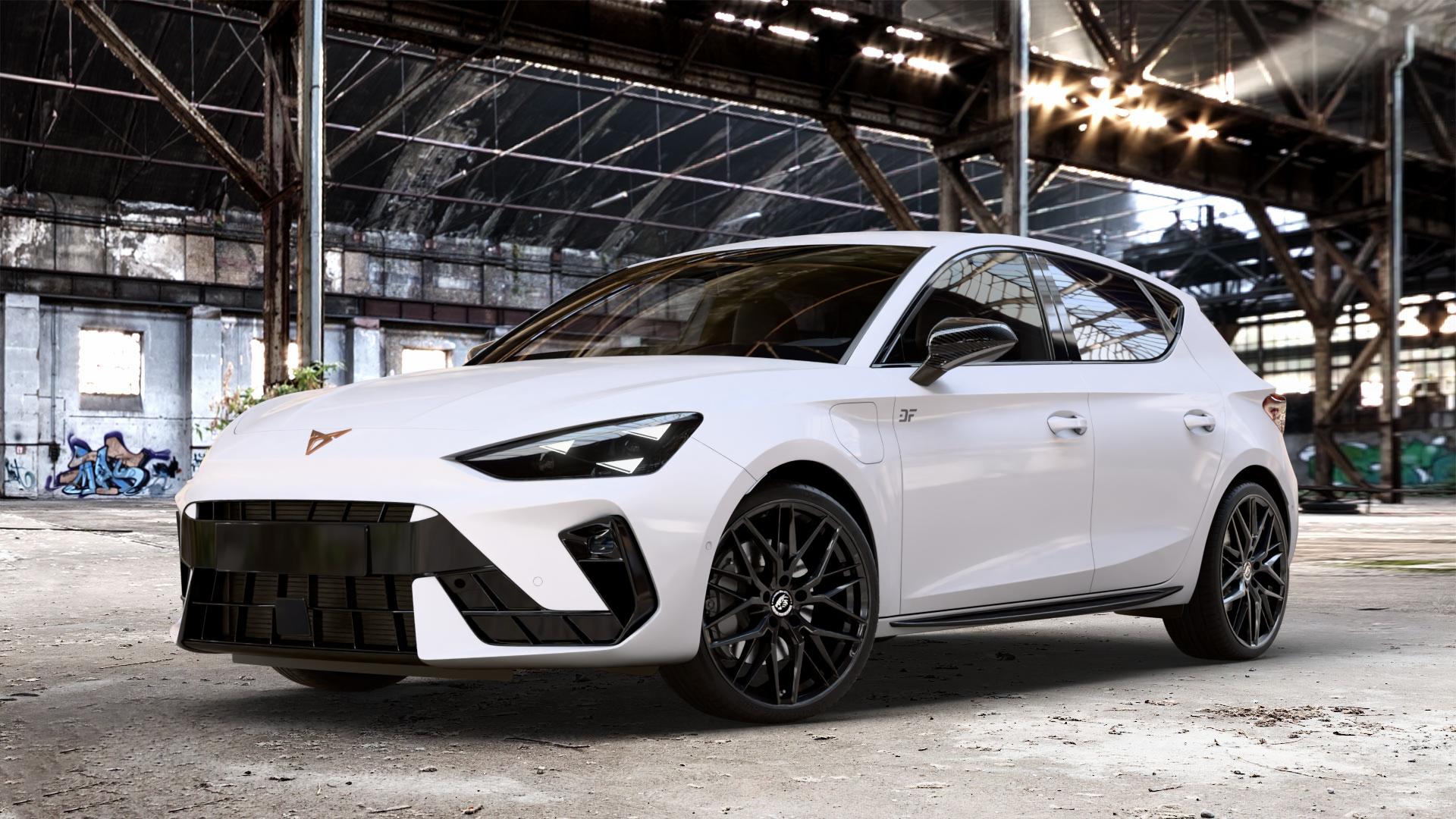 Damina Performance DM08 Black Painted Felge mit Reifen schwarz in 19Zoll Winterfelge Alufelge auf weissem Cupra Leon Typ KL Facelift ⬇️ mit 15mm Tieferlegung ⬇️ Old Industrial Hall_max_4400mm_2024 Frontansicht_1