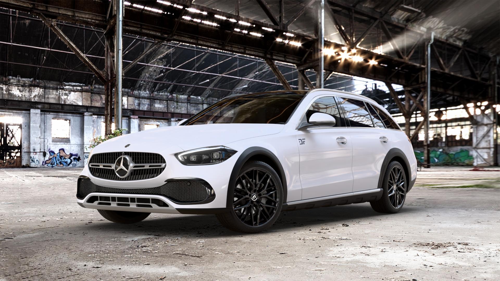 Damina Performance DM08 Black Painted Felge mit Reifen schwarz in 19Zoll Winterfelge Alufelge auf weissem Mercedes C-Klasse Typ S206 All-Terrain 1,5l C 200 4Matic 150kW Mild-Hybrid (204 PS) 2,0l 220d 145kW (197 ⬇️ mit 15mm Tieferlegung ⬇️ Old Industrial Hall_max_5300mm_2024 Frontansicht_1