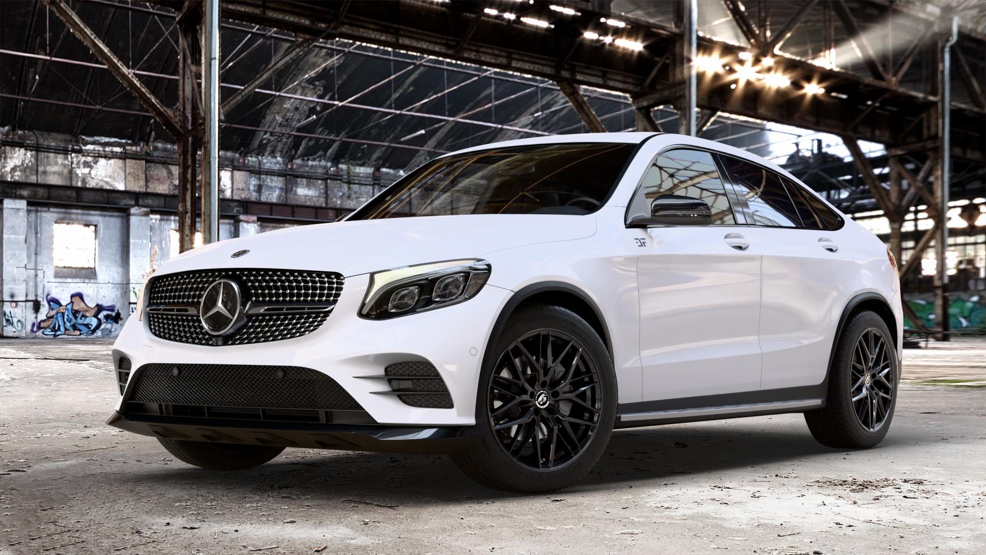 Damina Performance DM08 Black Painted Felge mit Reifen schwarz in 19Zoll Winterfelge Alufelge auf weissem Mercedes GLC-Klasse Coupe Typ C253 ⬇️ mit 15mm Tieferlegung ⬇️ Old Industrial Hall_max_4400mm_2024 Frontansicht_1