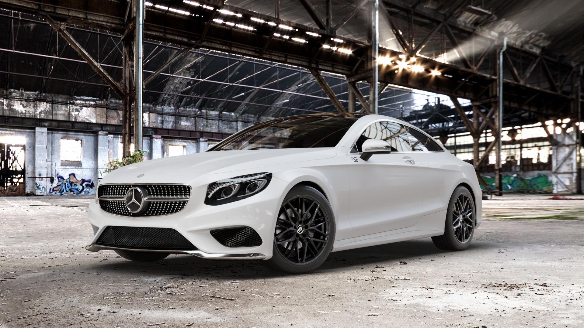Damina Performance DM08 Black Painted Felge mit Reifen schwarz in 19Zoll Winterfelge Alufelge auf weissem Mercedes S-Klasse Typ C217 Facelift Coupe ⬇️ mit 15mm Tieferlegung ⬇️ Old Industrial Hall_max_5300mm_2024 Frontansicht_1