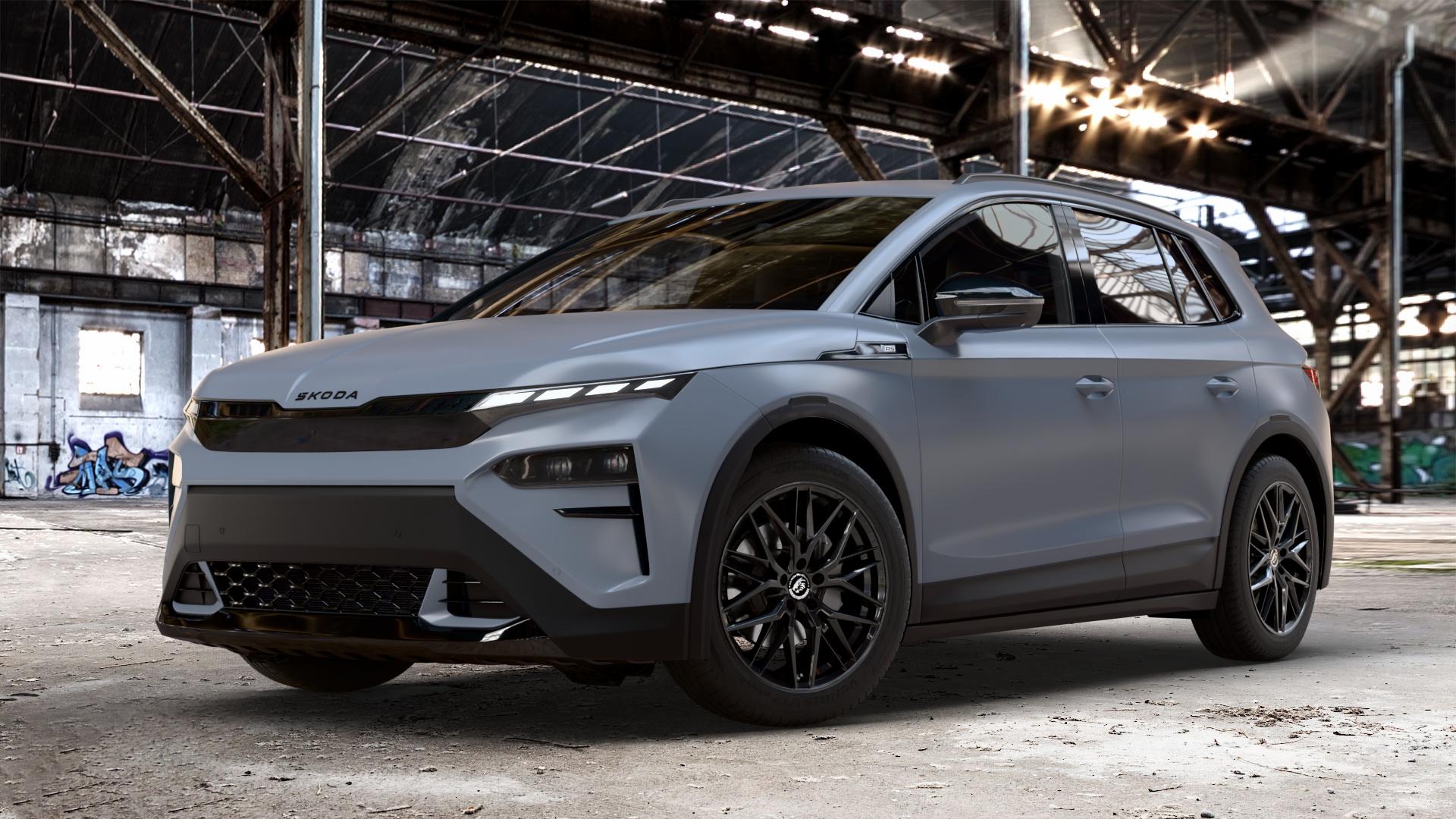 Damina Performance DM08 Black Painted Felge mit Reifen schwarz in 19Zoll Winterfelge Alufelge auf weissem Skoda Elroq Typ NY 0,0l 77kW RS (105 PS) ⬇️ mit 15mm Tieferlegung ⬇️ Old Industrial Hall_max_4400mm_2024 Frontansicht_1