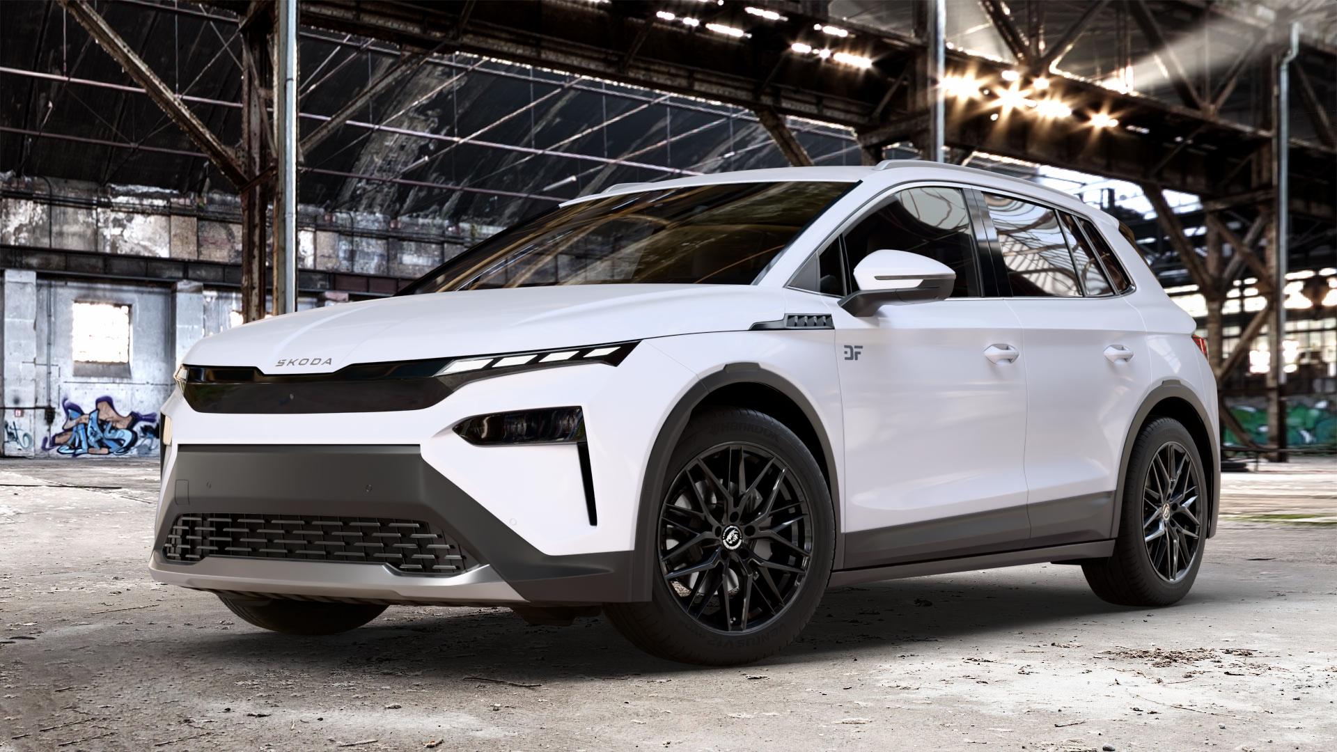 Damina Performance DM08 Black Painted Felge mit Reifen schwarz in 19Zoll Winterfelge Alufelge auf weissem Skoda Elroq Typ NY 0,0l 89kW 85 (121 PS) 70kW 60 (95 50 ⬇️ mit 15mm Tieferlegung ⬇️ Old Industrial Hall_max_4400mm_2024 Frontansicht_1
