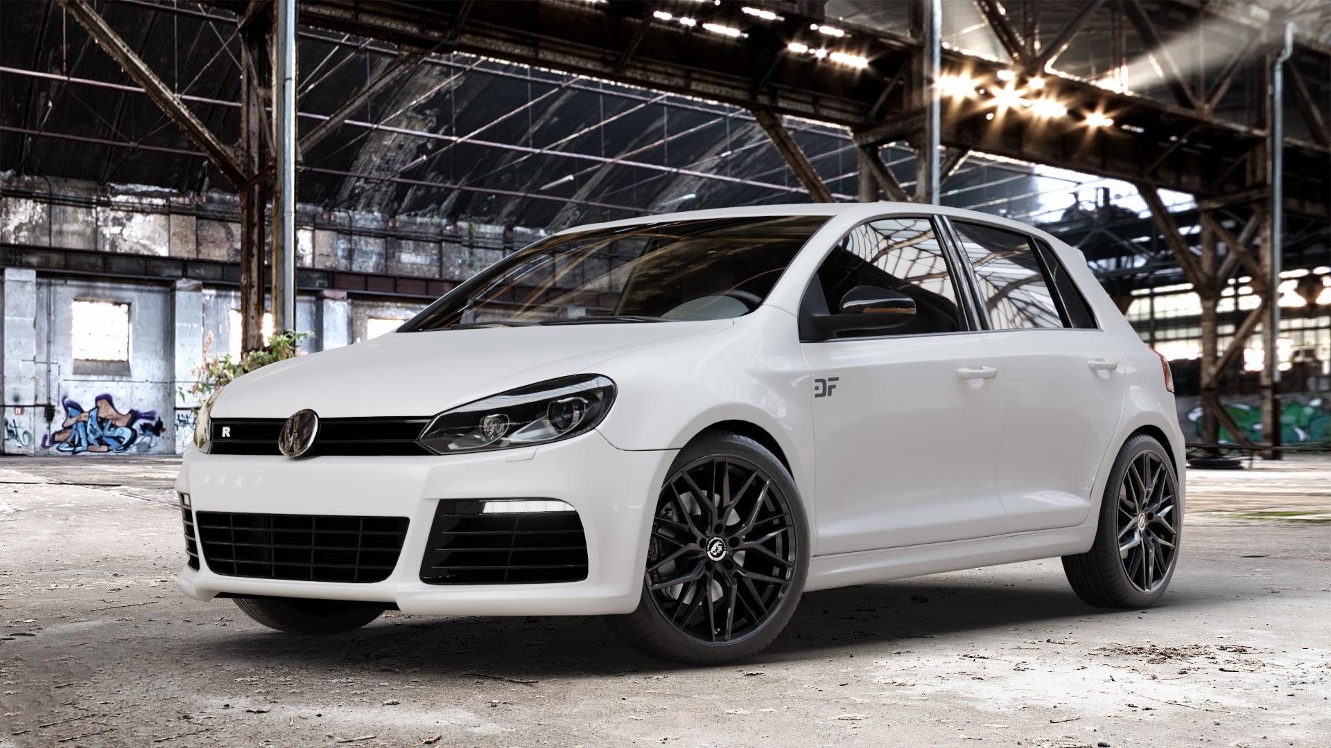 Damina Performance DM08 Black Painted Felge mit Reifen schwarz in 19Zoll Winterfelge Alufelge auf weissem Volkswagen (VW) Golf 6 2,0l Turbo R 4motion 199kW (271 PS) ⬇️ mit 15mm Tieferlegung ⬇️ Old Industrial Hall_max_4400mm_2024 Frontansicht_1