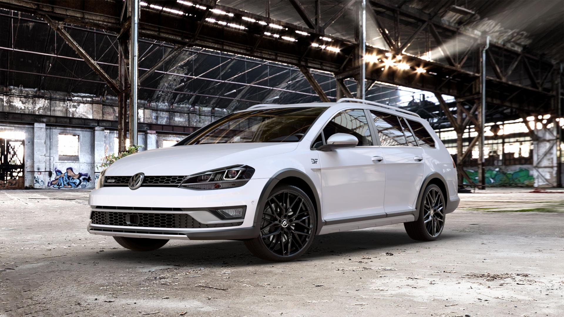 Damina Performance DM08 Black Painted Felge mit Reifen schwarz in 19Zoll Winterfelge Alufelge auf weissem Volkswagen (VW) Golf 7 Alltrack 1,6l TDI 4Motion 81kW (110 PS) 2,0l 110kW (150 1,8l TSI 132kW (179 ⬇️ mit 15mm Tieferlegung ⬇️ Old Industrial Hall_max_5300mm_2024 Frontansicht_1