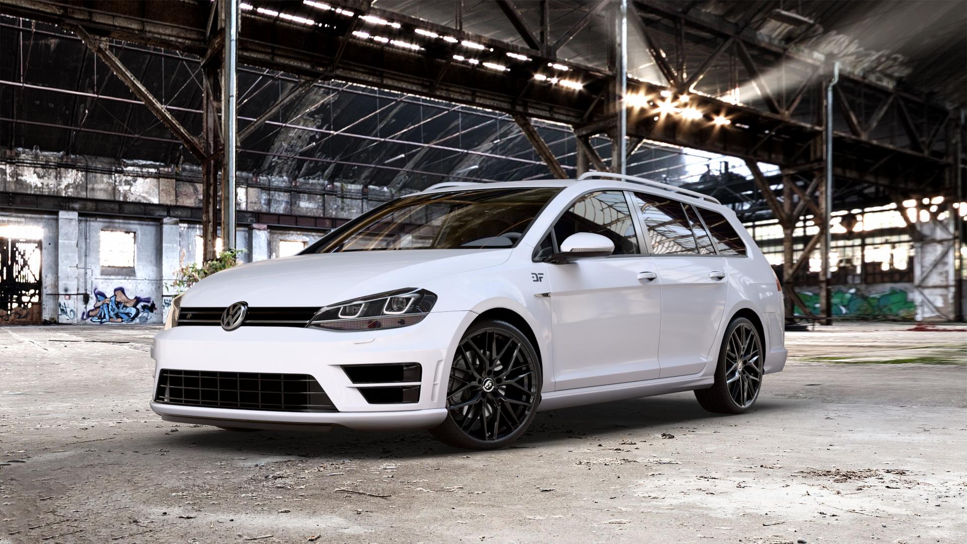Damina Performance DM08 Black Painted Felge mit Reifen schwarz in 19Zoll Winterfelge Alufelge auf weissem Volkswagen (VW) Golf 7 Variant 2,0l R 4Motion 221kW (300 PS) Facelift 213kW (290 228kW (310 ⬇️ mit 15mm Tieferlegung ⬇️ Old Industrial Hall_max_5300mm_2024 Frontansicht_1