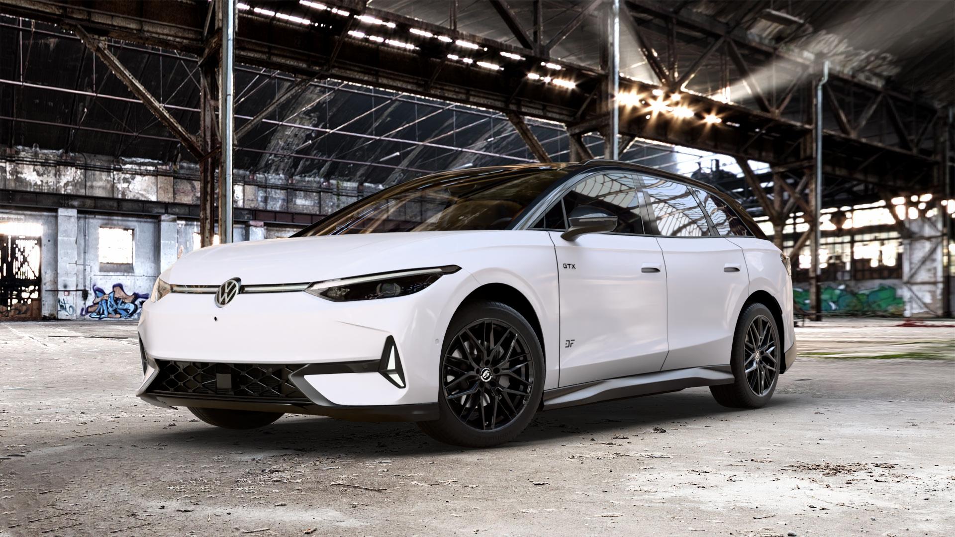 Damina Performance DM08 Black Painted Felge mit Reifen schwarz in 19Zoll Winterfelge Alufelge auf weissem Volkswagen (VW) ID.7 Tourer 0,0l 90kW GTX (122 PS) ⬇️ mit 15mm Tieferlegung ⬇️ Old Industrial Hall_max_5300mm_2024 Frontansicht_1