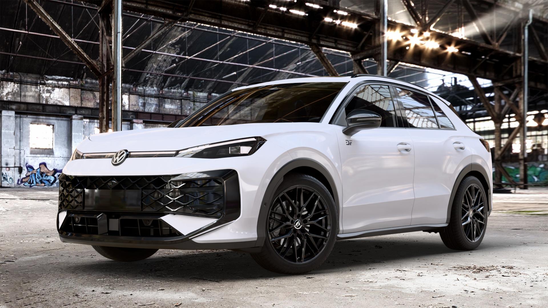 Damina Performance DM08 Black Painted Felge mit Reifen schwarz in 19Zoll Winterfelge Alufelge auf weissem Volkswagen (VW) T-Roc Typ A2 ⬇️ mit 15mm Tieferlegung ⬇️ Old Industrial Hall_max_4400mm_2024 Frontansicht_1