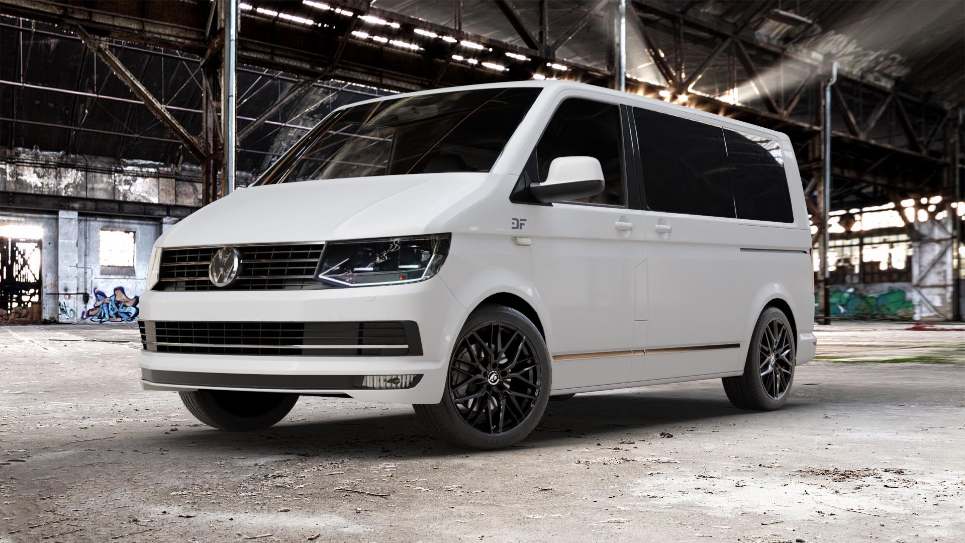 Damina Performance DM08 Black Painted Felge mit Reifen schwarz in 19Zoll Winterfelge Alufelge auf weissem Volkswagen (VW) T6 Kombi Multivan Caravelle ⬇️ mit 15mm Tieferlegung ⬇️ Old Industrial Hall_max_5300mm_2024 Frontansicht_1