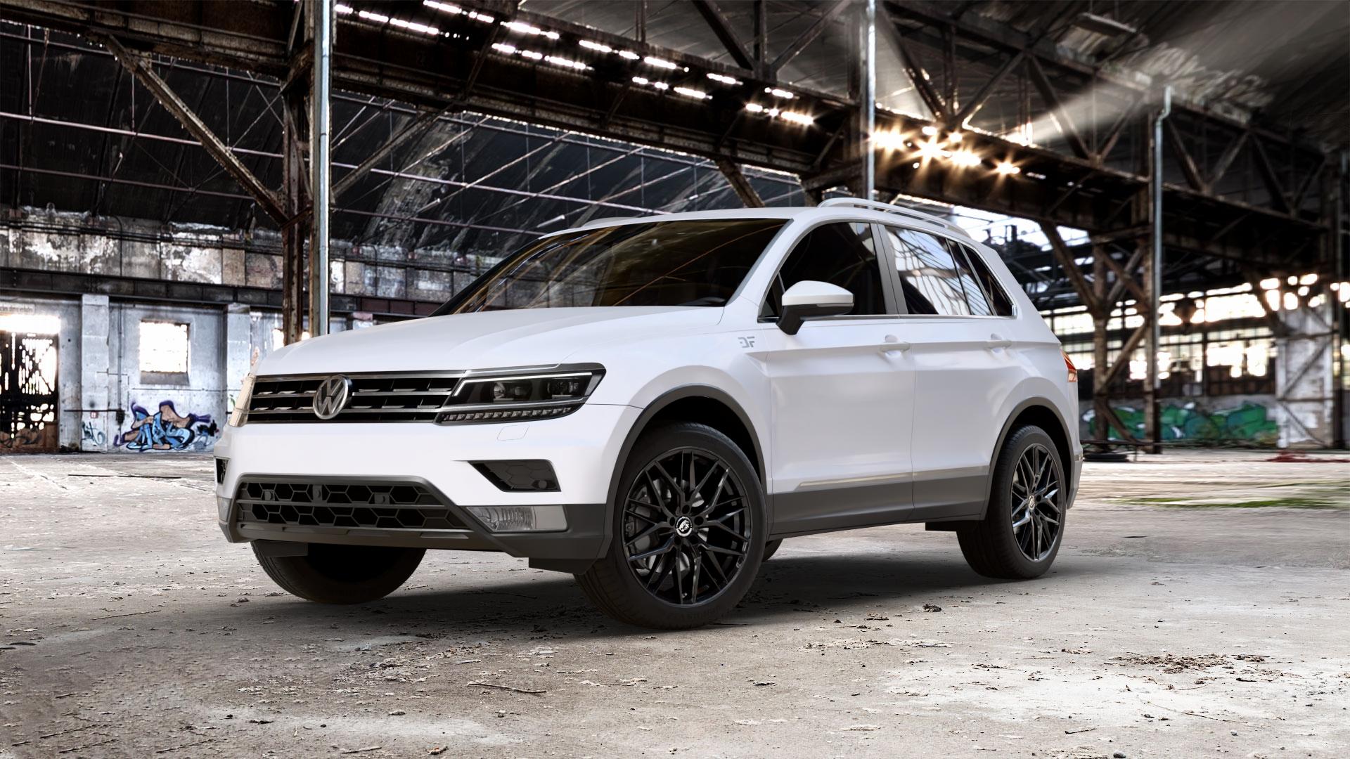 Damina Performance DM08 Black Painted Felge mit Reifen schwarz in 19Zoll Winterfelge Alufelge auf weissem Volkswagen (VW) Tiguan II Typ 5N 2,0l TSI 4Motion 132kW (179 PS) TDI 110kW (150 1,4l 92kW (125 85kW (116 1,5l 96kW (131 1,6l ⬇️ mit 15mm Tieferlegung ⬇️ Old Industrial Hall_max_5300mm_2024 Frontansicht_1
