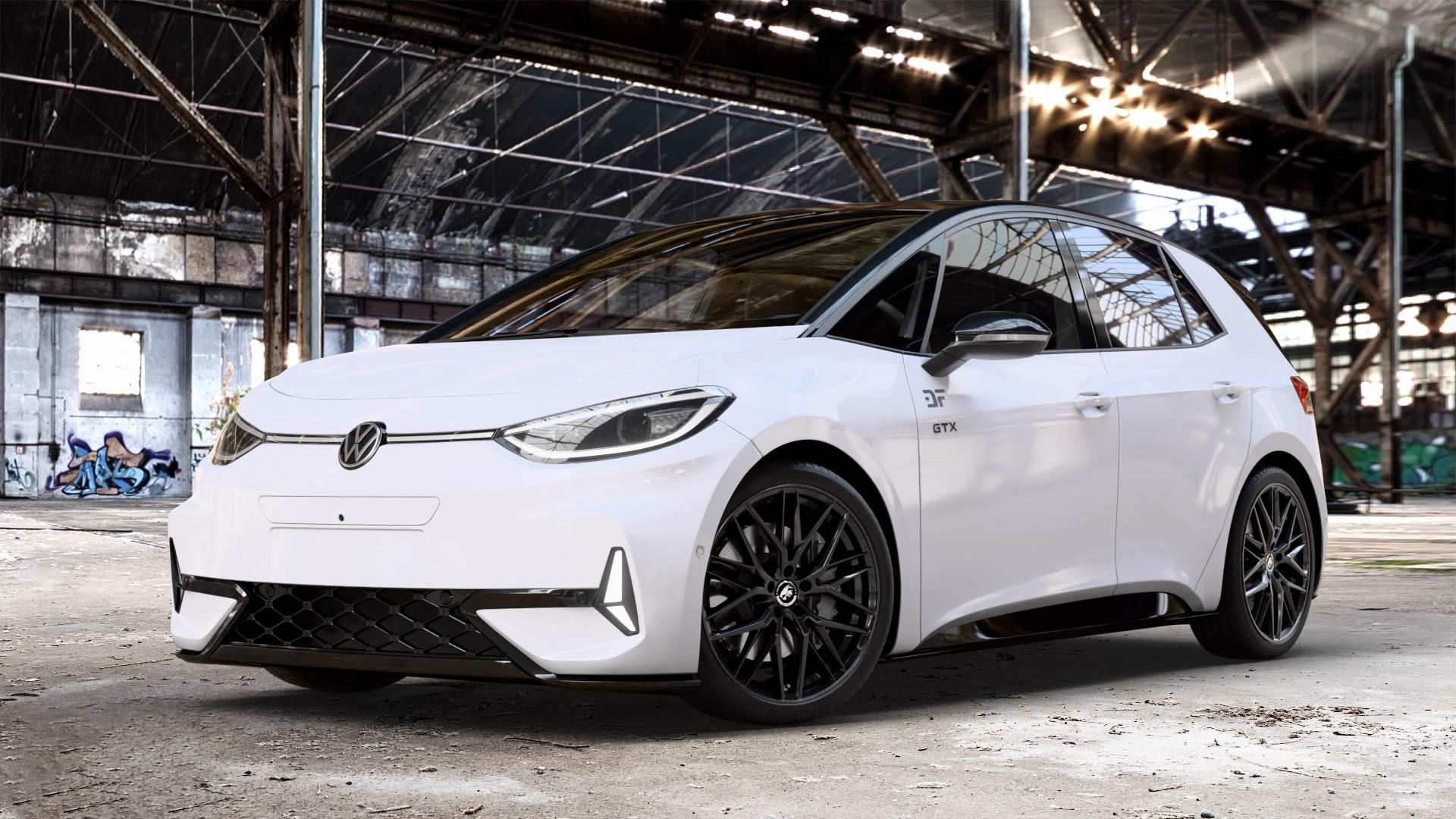 Damina Performance DM08 Black Painted Felge mit Reifen schwarz in 20Zoll Winterfelge Alufelge auf weissem Volkswagen (VW) ID.3 GTX 0,0l 89kW (210 KW) (121 PS) Performance (240 ⬇️ mit 15mm Tieferlegung ⬇️ Old Industrial Hall_max_4400mm_2024 Frontansicht_1