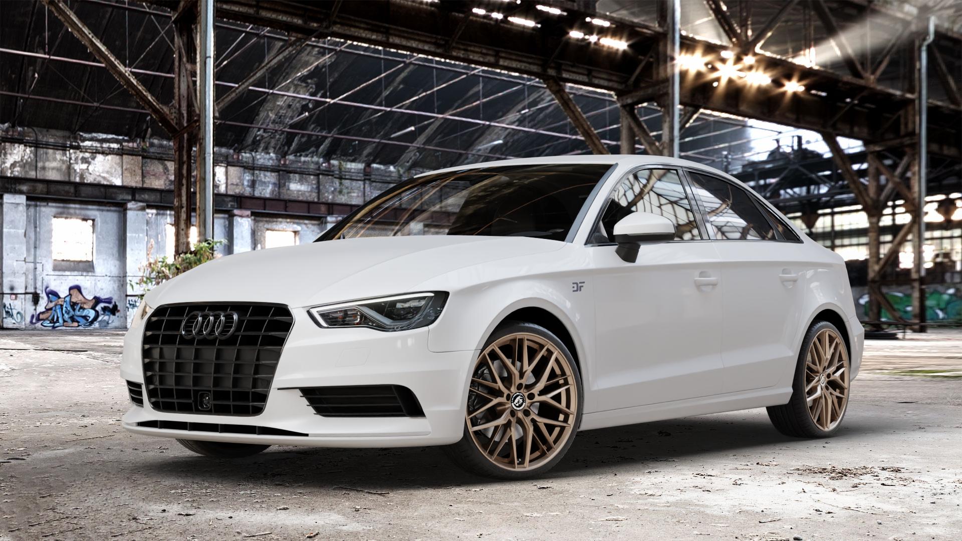 Damina Performance DM08 Bronze Matt Felge mit Reifen in 19Zoll Winterfelge Alufelge auf weissem Audi A3 Typ 8V (Limousine) ⬇️ mit 15mm Tieferlegung ⬇️ Old Industrial Hall_max_4400mm_2024 Frontansicht_1