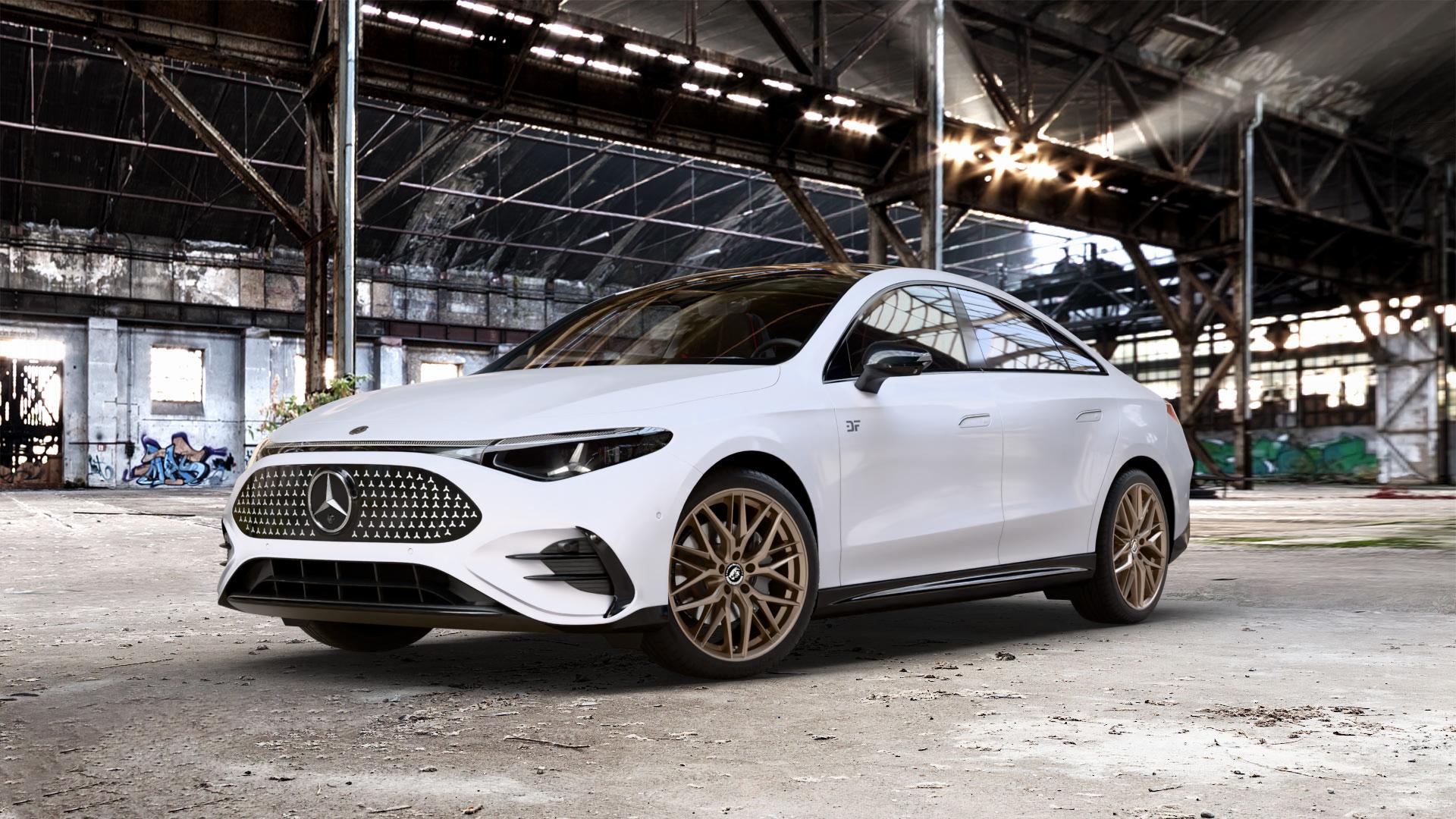 Damina Performance DM08 Bronze Matt Felge mit Reifen in 19Zoll Winterfelge Alufelge auf weissem Mercedes CLA EQ Typ C174 (MMCLAE) 0,0l 250+ 145kW (197 PS) 350 4Matic 200kW (272 ⬇️ mit 15mm Tieferlegung ⬇️ Old Industrial Hall_max_5300mm_2024 Frontansicht_1