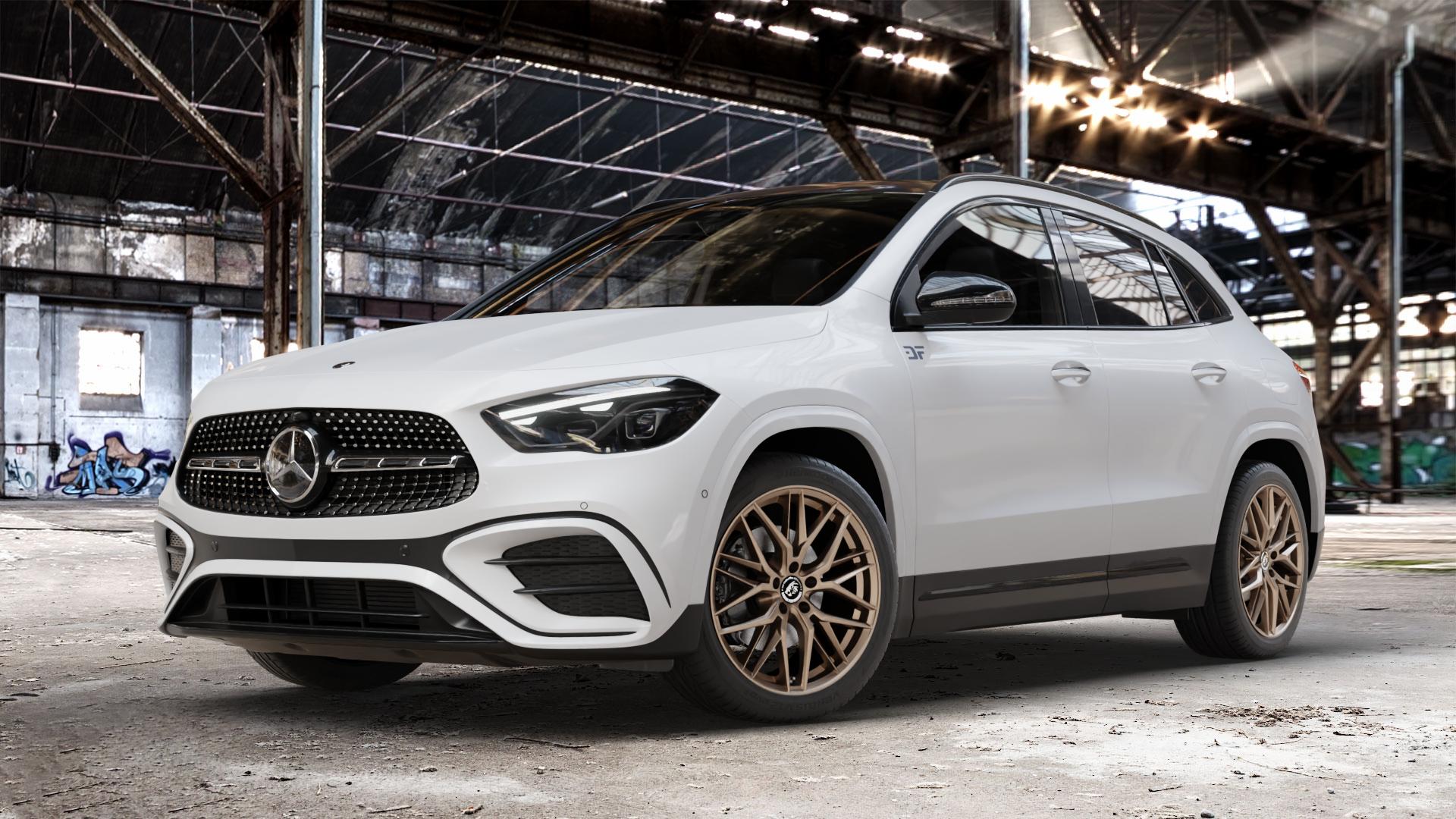 Damina Performance DM08 Bronze Matt Felge mit Reifen in 19Zoll Winterfelge Alufelge auf weissem Mercedes GLA-Klasse Typ F2B Facelift ⬇️ mit 15mm Tieferlegung ⬇️ Old Industrial Hall_max_4400mm_2024 Frontansicht_1