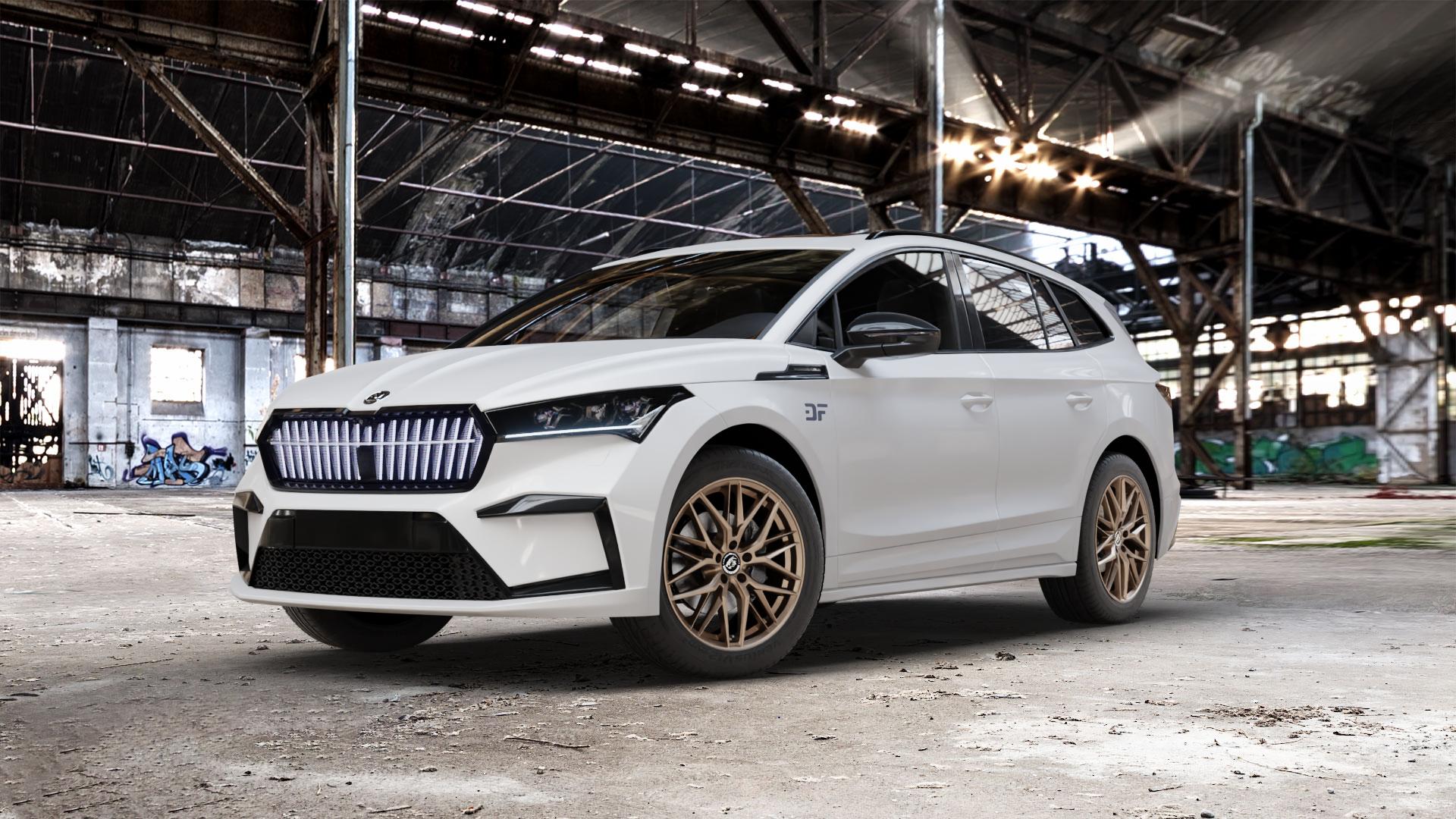 Damina Performance DM08 Bronze Matt Felge mit Reifen in 19Zoll Winterfelge Alufelge auf weissem Skoda Enyaq iV Typ NY 0,0l 70kW 80 (95 PS) 50 77kW 80x (105 60 ⬇️ mit 15mm Tieferlegung ⬇️ Old Industrial Hall_max_5300mm_2024 Frontansicht_1