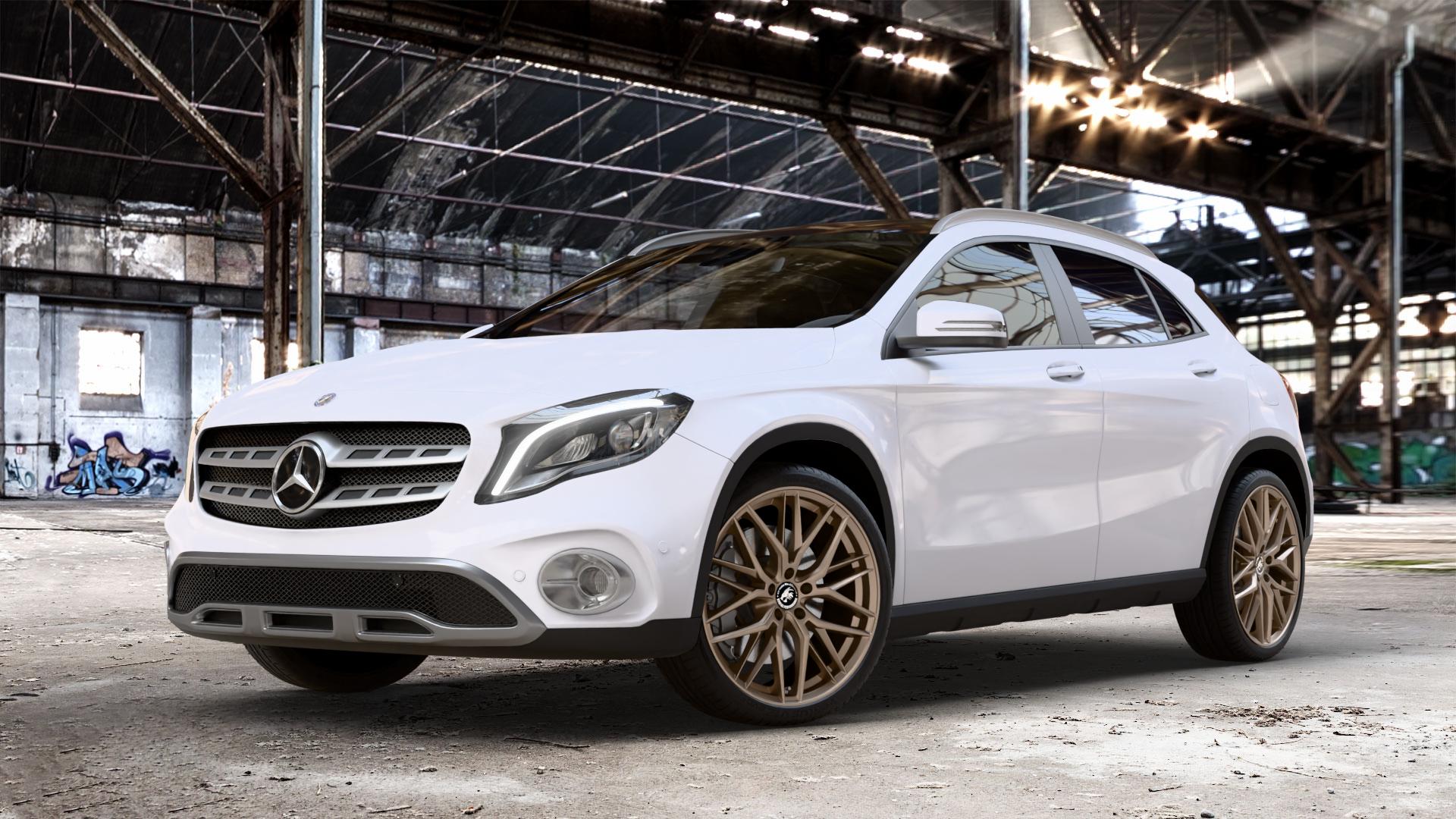 Damina Performance DM08 Bronze Matt Felge mit Reifen in 20Zoll Winterfelge Alufelge auf weissem Mercedes GLA-Klasse Typ X156 Facelift ⬇️ mit 15mm Tieferlegung ⬇️ Old Industrial Hall_max_4400mm_2024 Frontansicht_1