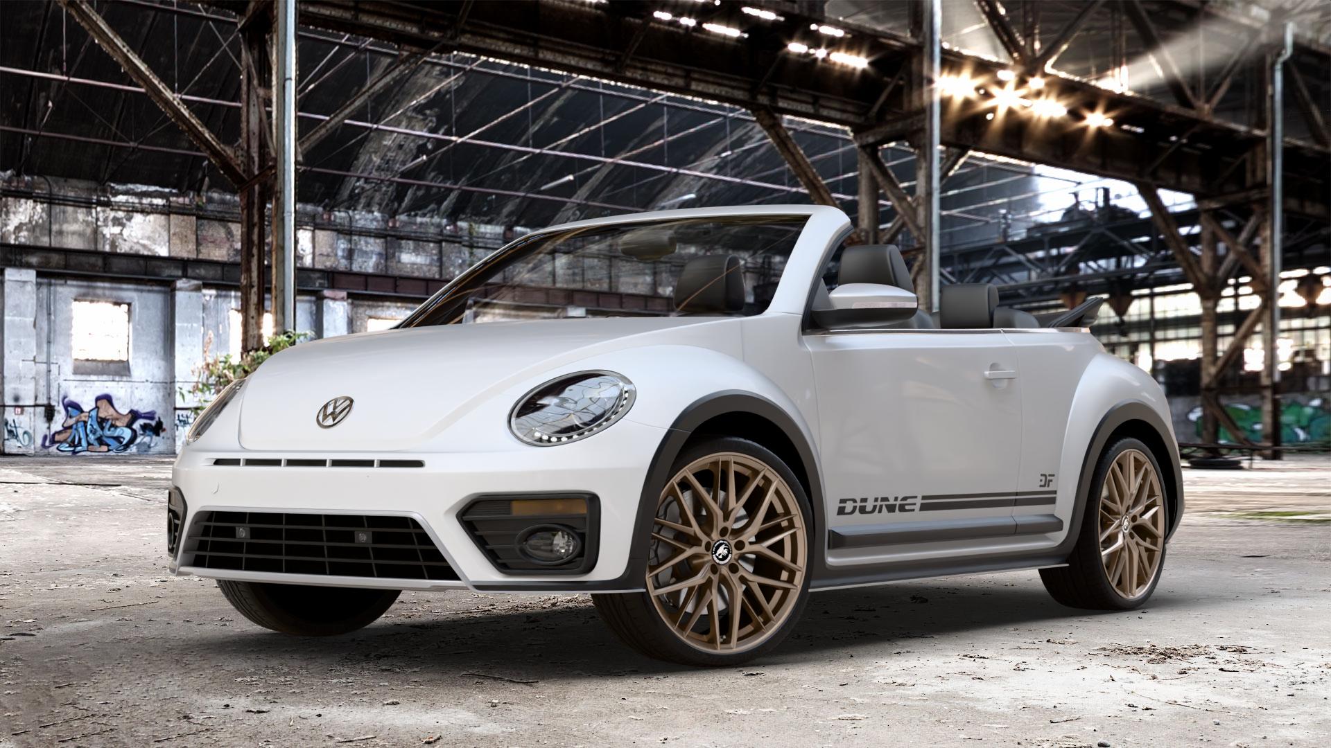 Damina Performance DM08 Bronze Matt Felge mit Reifen in 20Zoll Winterfelge Alufelge auf weissem Volkswagen (VW) Beetle Dune Cabriolet Typ 16 ⬇️ mit 15mm Tieferlegung ⬇️ Old Industrial Hall_max_4400mm_2024 Frontansicht_1