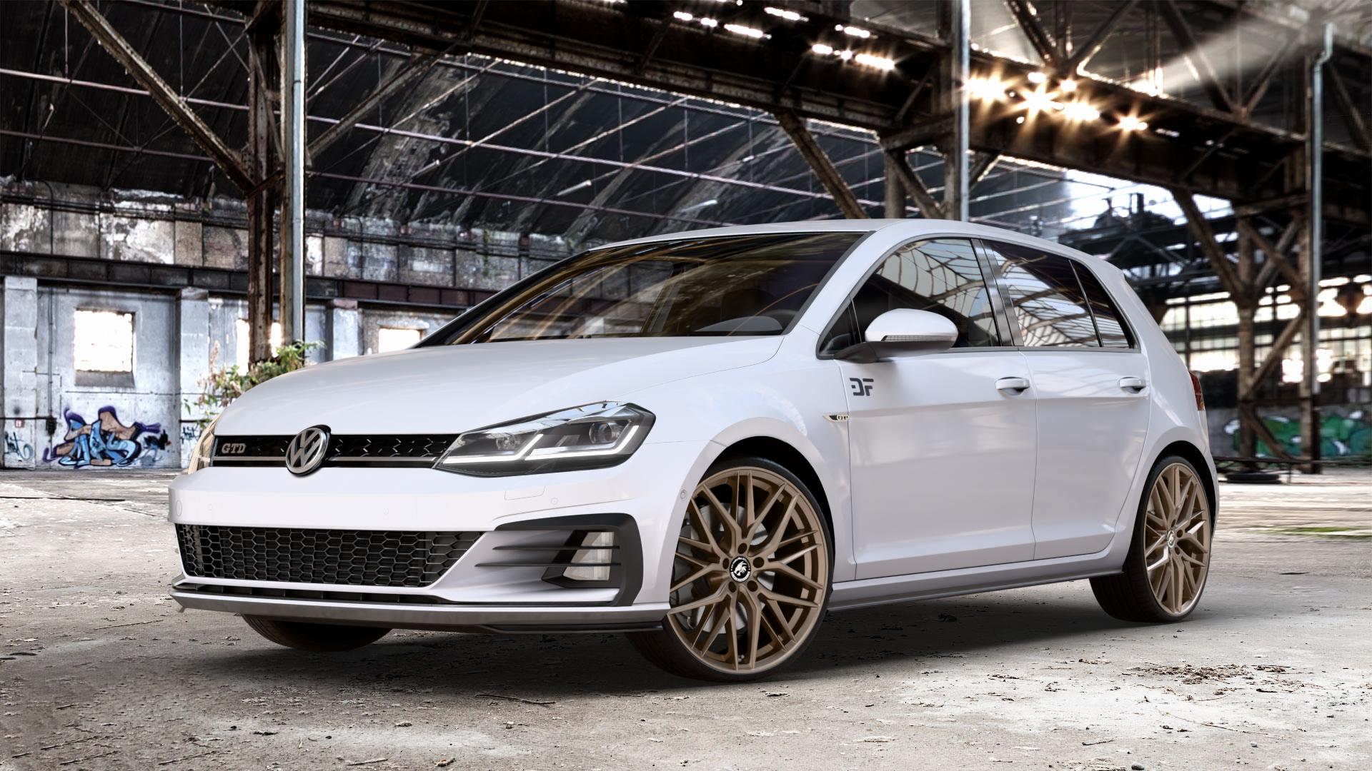 Damina Performance DM08 Bronze Matt Felge mit Reifen in 20Zoll Winterfelge Alufelge auf weissem Volkswagen (VW) Golf 7 2,0l GTD 135kW (184 PS) Facelift ⬇️ mit 15mm Tieferlegung ⬇️ Old Industrial Hall_max_4400mm_2024 Frontansicht_1