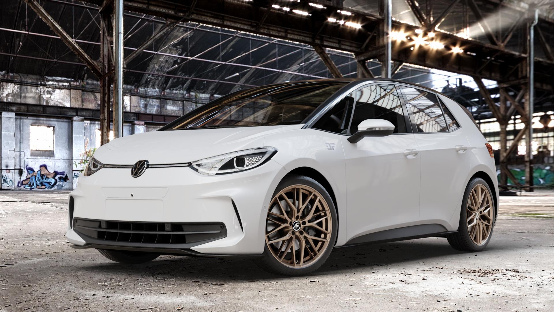 Damina Performance DM08 Bronze Matt Felge mit Reifen in 20Zoll Winterfelge Alufelge auf weissem Volkswagen (VW) ID.3 Facelift ⬇️ mit 15mm Tieferlegung ⬇️ Old Industrial Hall_max_4400mm_2024 Frontansicht_1