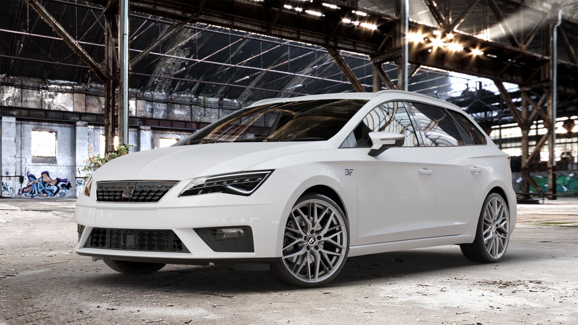 Damina Performance DM08 Grey Matt Felge mit Reifen grau in 19Zoll Winterfelge Alufelge auf weissem Seat Leon Typ 5F ST Facelift ⬇️ mit 15mm Tieferlegung ⬇️ Old Industrial Hall_max_4400mm_2024 Frontansicht_1