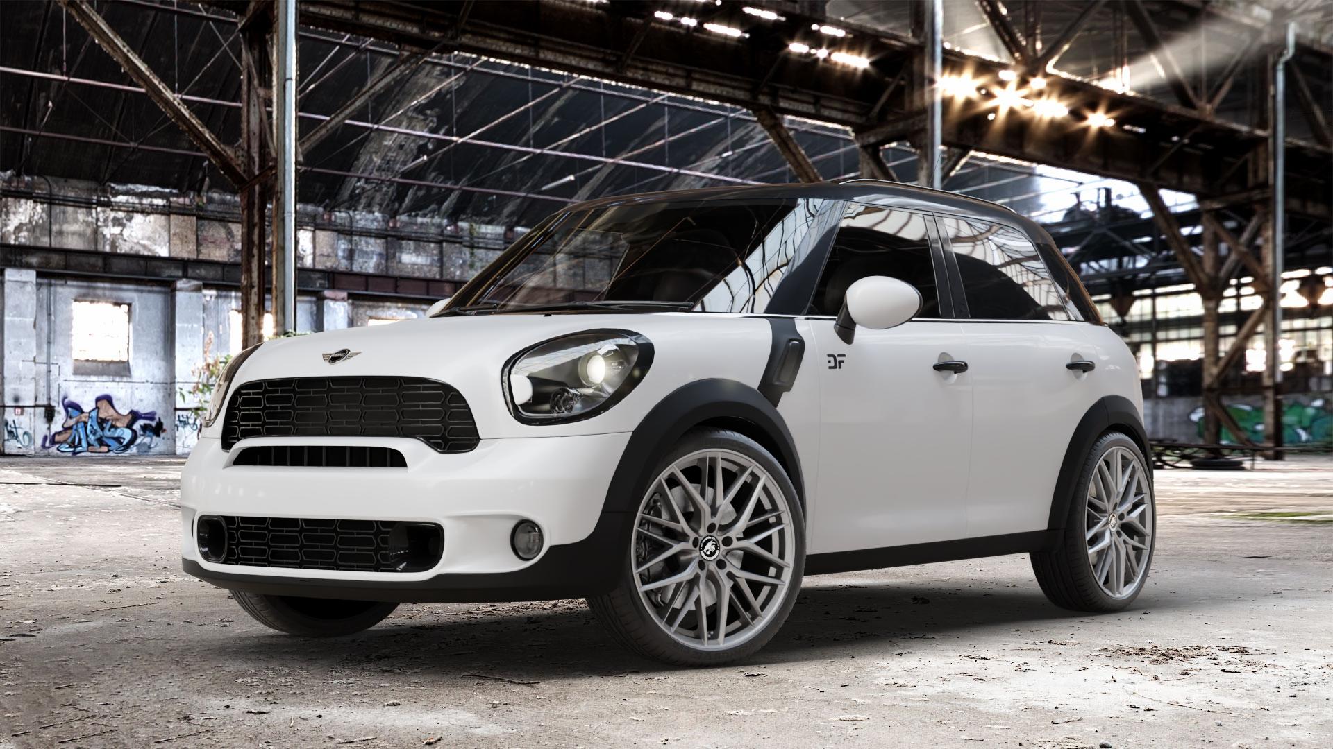 Damina Performance DM08 Grey Matt Felge mit Reifen grau in 20Zoll Winterfelge Alufelge auf weissem Mini R60 Typ UKL/X (Countryman) UKL-N1 ⬇️ mit 15mm Tieferlegung ⬇️ Old Industrial Hall_max_4400mm_2024 Frontansicht_1