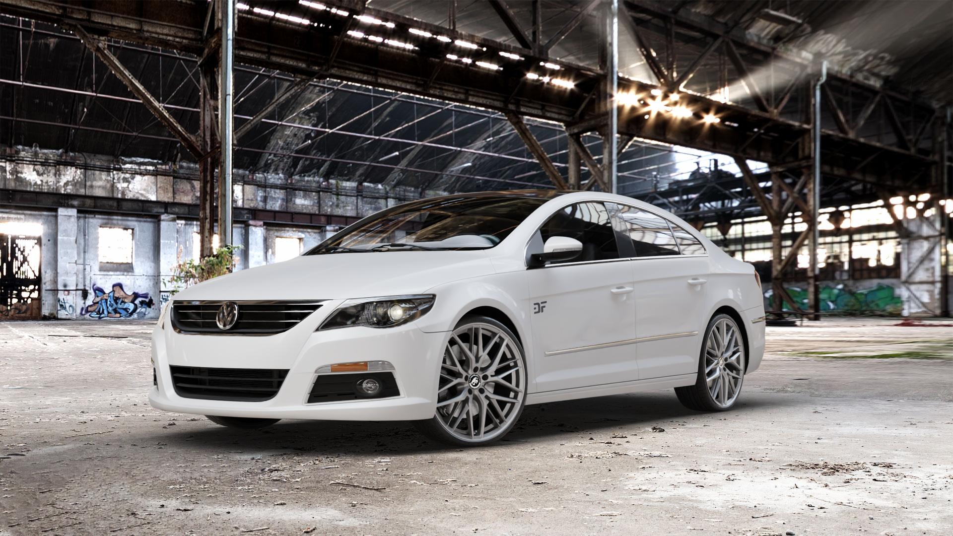 Damina Performance DM08 Grey Matt Felge mit Reifen grau in 20Zoll Winterfelge Alufelge auf weissem Volkswagen (VW) CC I ⬇️ mit 15mm Tieferlegung ⬇️ Old Industrial Hall_max_5300mm_2024 Frontansicht_1