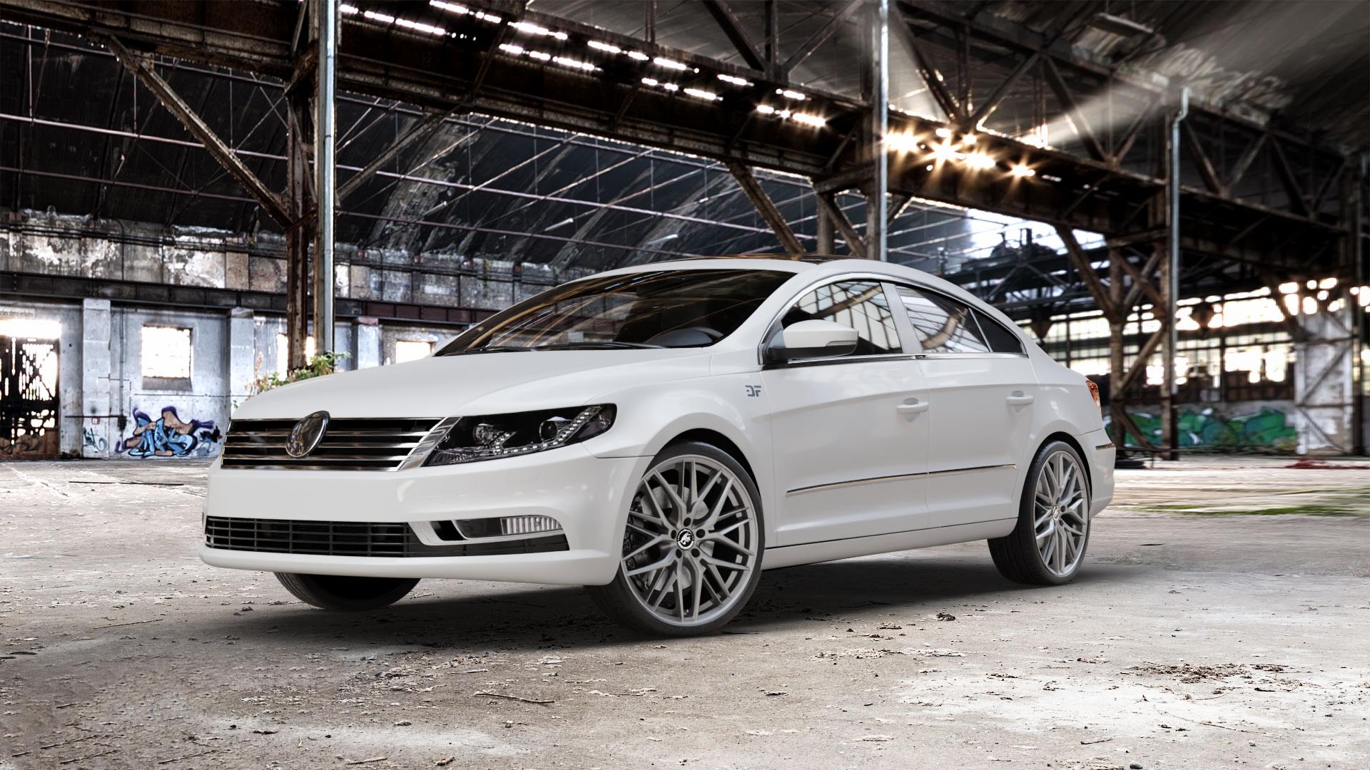 Damina Performance DM08 Grey Matt Felge mit Reifen grau in 20Zoll Winterfelge Alufelge auf weissem Volkswagen (VW) Passat CC II (15->) ⬇️ mit 15mm Tieferlegung ⬇️ Old Industrial Hall_max_5300mm_2024 Frontansicht_1
