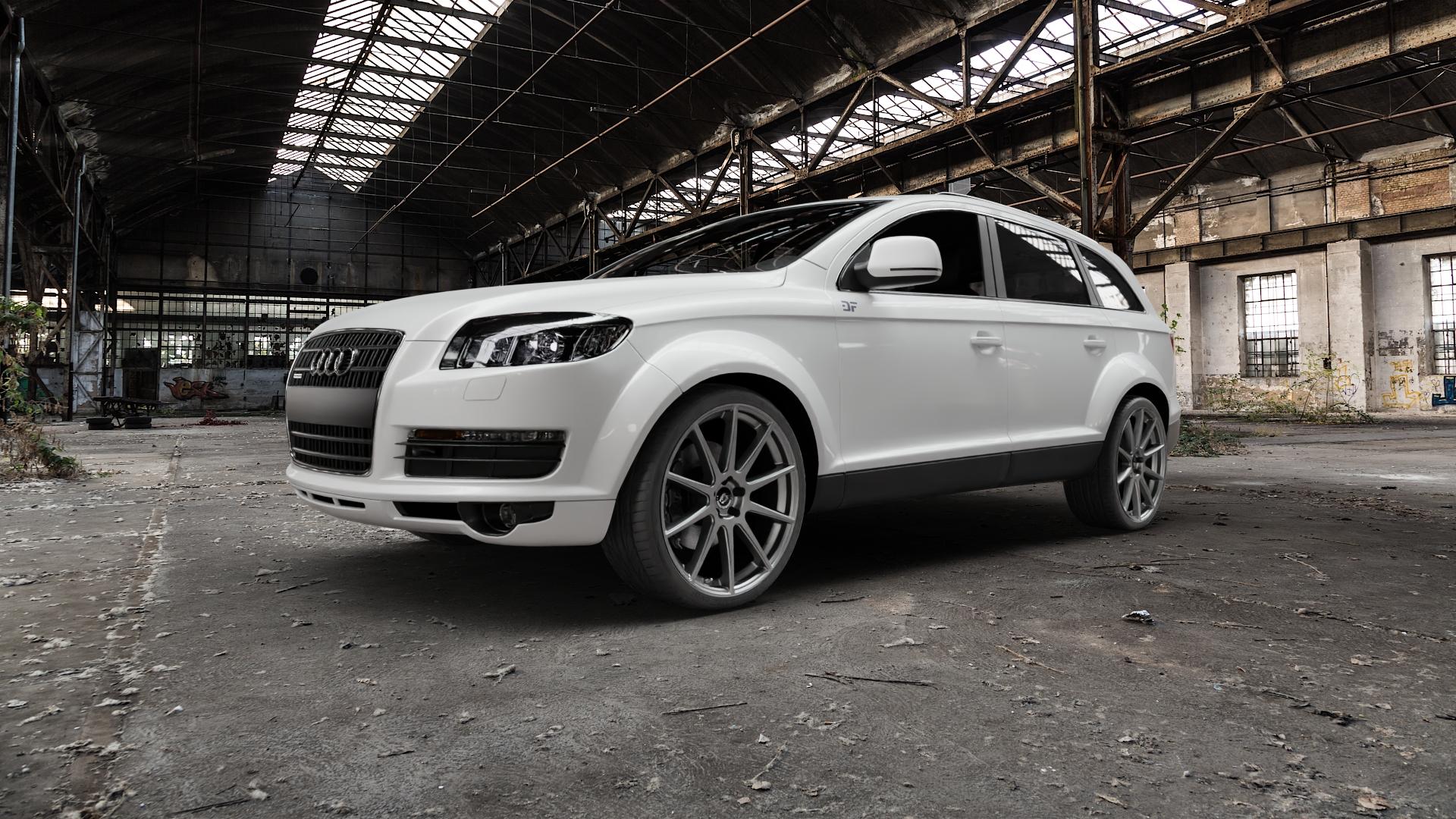 Damina Performance DM19 Grey Matt Felge mit Reifen grau in 22Zoll Winterfelge Alufelge auf weissem Audi Q7 I Typ 4L ⬇️ mit 15mm Tieferlegung ⬇️ Old Industrial Hall_max5000mm_2022 Frontansicht_1