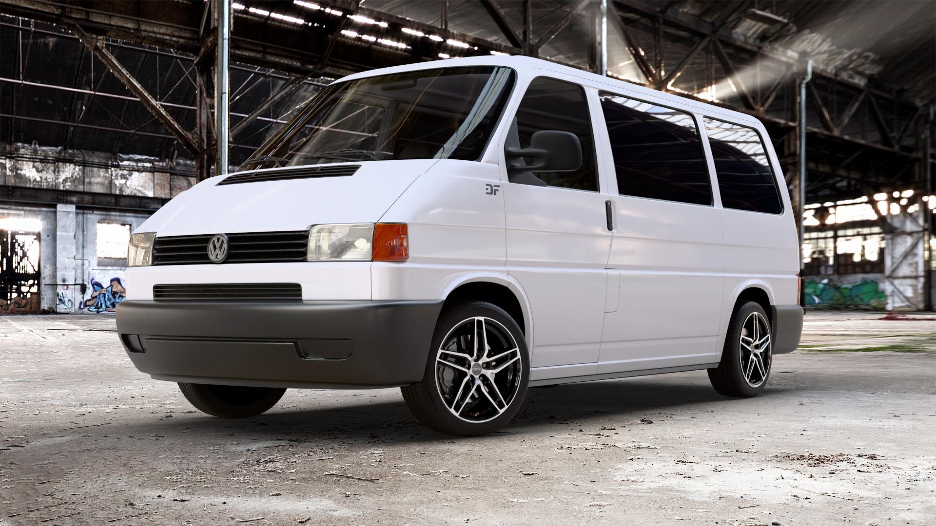 DBV 5DS 005 schwarz glänzend, front poliert Felge mit Reifen in 18Zoll Alufelge auf weissem Volkswagen (VW) T4 California Caravelle Kleinbus Multivan Krankenwagen ⬇️ mit 15mm Tieferlegung ⬇️ Old Industrial Hall_max_5300mm_2024 Frontansicht_1