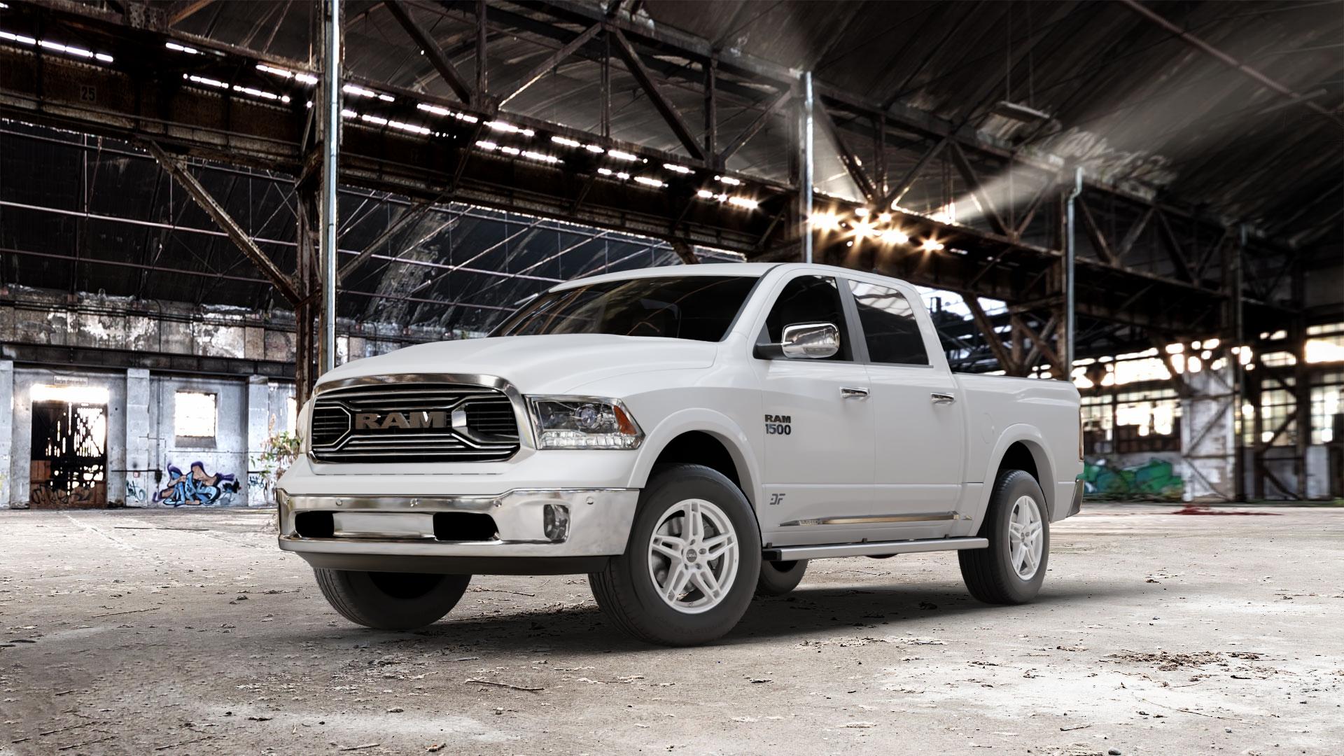 DBV 5DS 005 shadow silber Felge mit Reifen grau in 17Zoll Winterfelge Alufelge auf weissem Dodge RAM 1500 IV Typ DJ, DS ⬇️ mit 15mm Tieferlegung ⬇️ Old Industrial Hall_max_7000mm_2024 Frontansicht_1