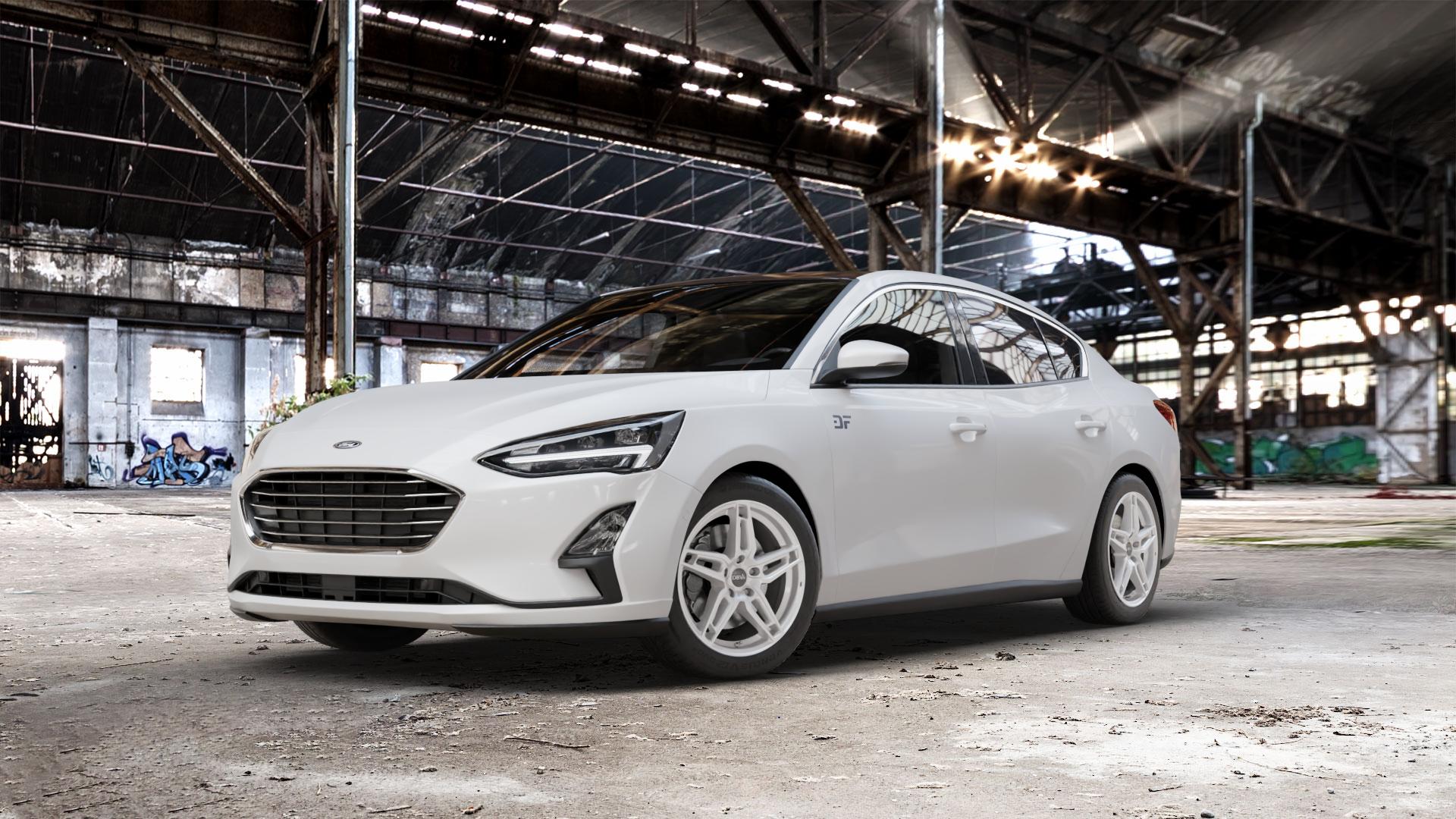 DBV 5DS 005 shadow silber Felge mit Reifen grau in 17Zoll Winterfelge Alufelge auf weissem Ford Focus IV Typ DEH (Stufenheck) ⬇️ mit 15mm Tieferlegung ⬇️ Old Industrial Hall_max_5300mm_2024 Frontansicht_1