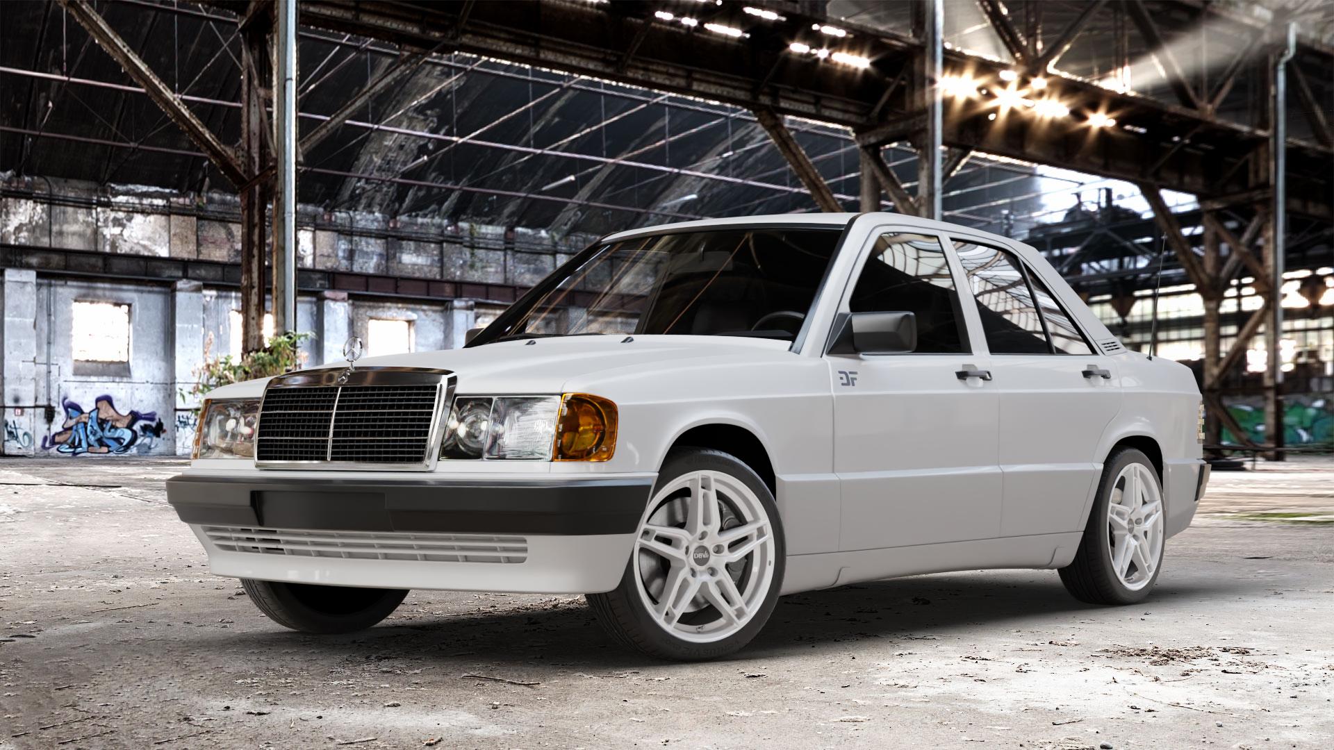 DBV 5DS 005 shadow silber Felge mit Reifen grau in 17Zoll Winterfelge Alufelge auf weissem Mercedes 190 Typ W201 190er ⬇️ mit 15mm Tieferlegung ⬇️ Old Industrial Hall_max_4400mm_2024 Frontansicht_1