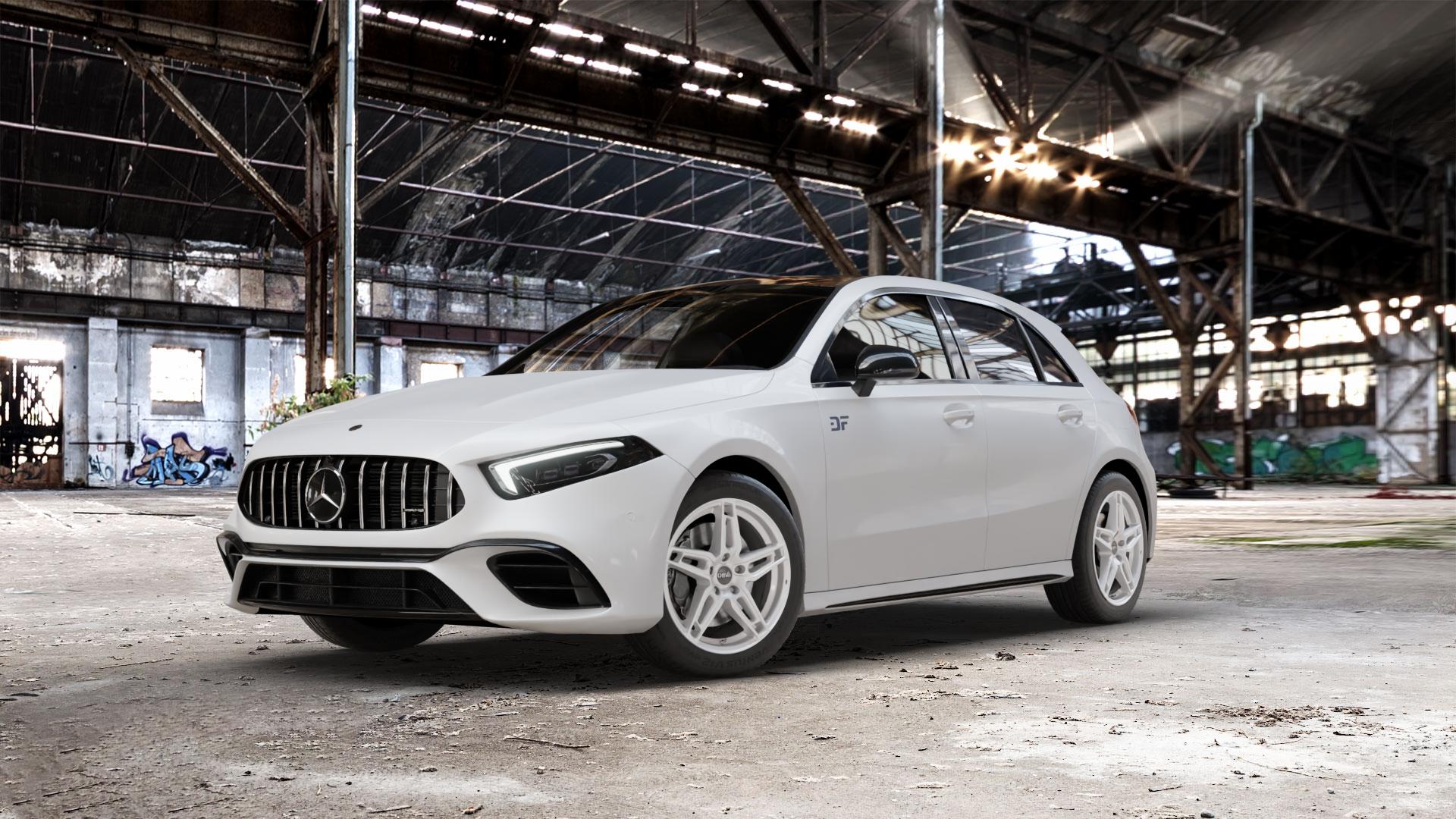 DBV 5DS 005 shadow silber Felge mit Reifen grau in 17Zoll Winterfelge Alufelge auf weissem Mercedes A-Klasse IV Typ 177 (F2A) Schrägheck 2,0l AMG A 35 4Matic 225kW (306 PS) 45 285kW (387 S 310kW (421 Facelift Mild-Hybrid ⬇️ mit 15mm Tieferlegung ⬇️ Old Industrial Hall_max_5300mm_2024 Frontansicht_1