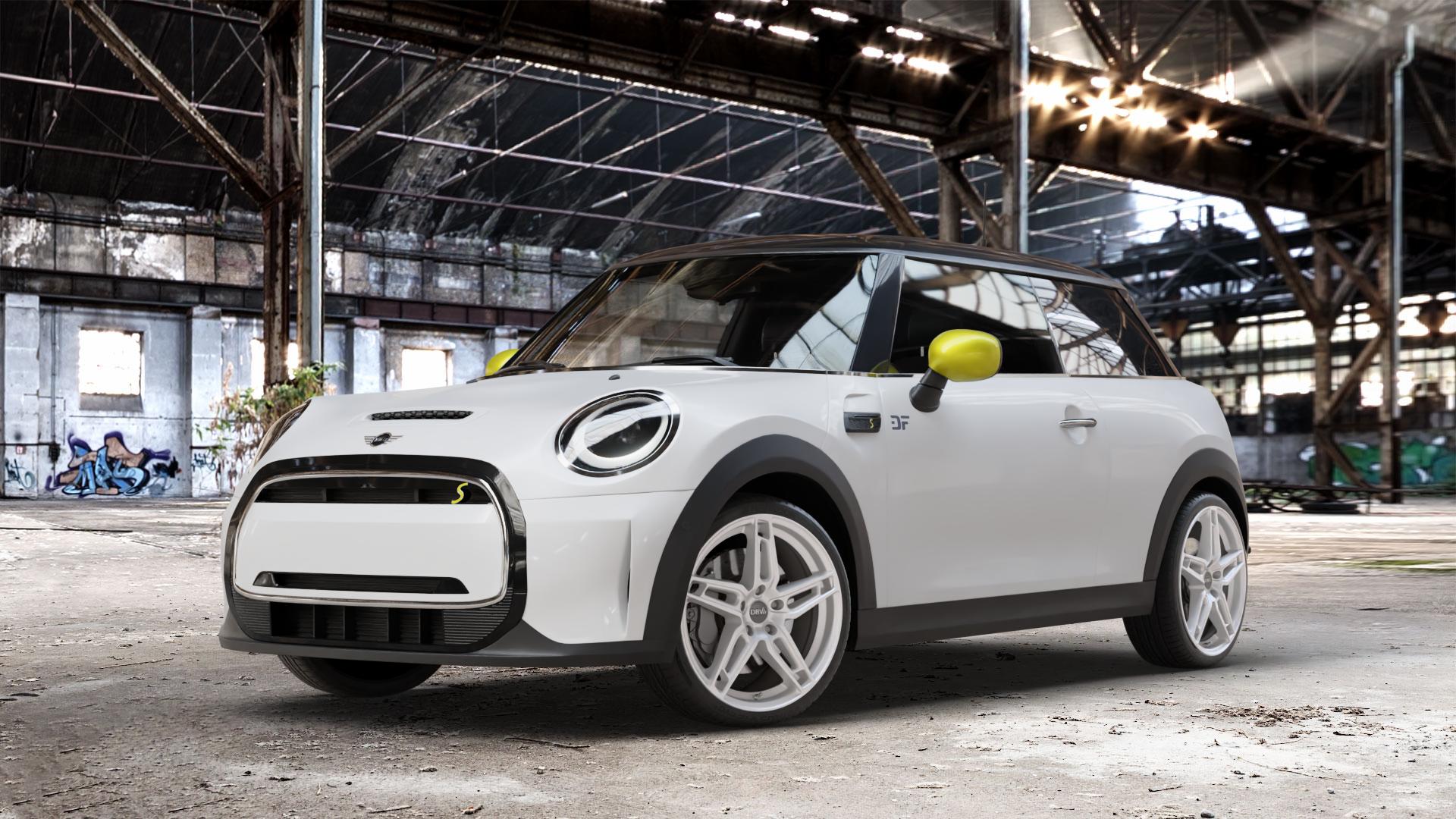 DBV 5DS 005 shadow silber Felge mit Reifen grau in 18Zoll Winterfelge Alufelge auf weissem Mini F56 Typ FML2E (3-Türer Limousine) Facelift 21-> Limousine ⬇️ mit 15mm Tieferlegung ⬇️ Old Industrial Hall_max_4400mm_2024 Frontansicht_1