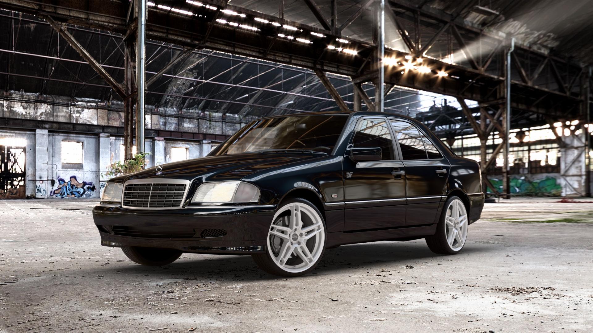 DBV 5DS 005 shadow silber Felge mit Reifen grau in 19Zoll Winterfelge Alufelge auf metallic schwarzem Mercedes C-Klasse Typ W202 Limousine ⬇️ mit 15mm Tieferlegung ⬇️ Old Industrial Hall_max_5300mm_2024 Frontansicht_1
